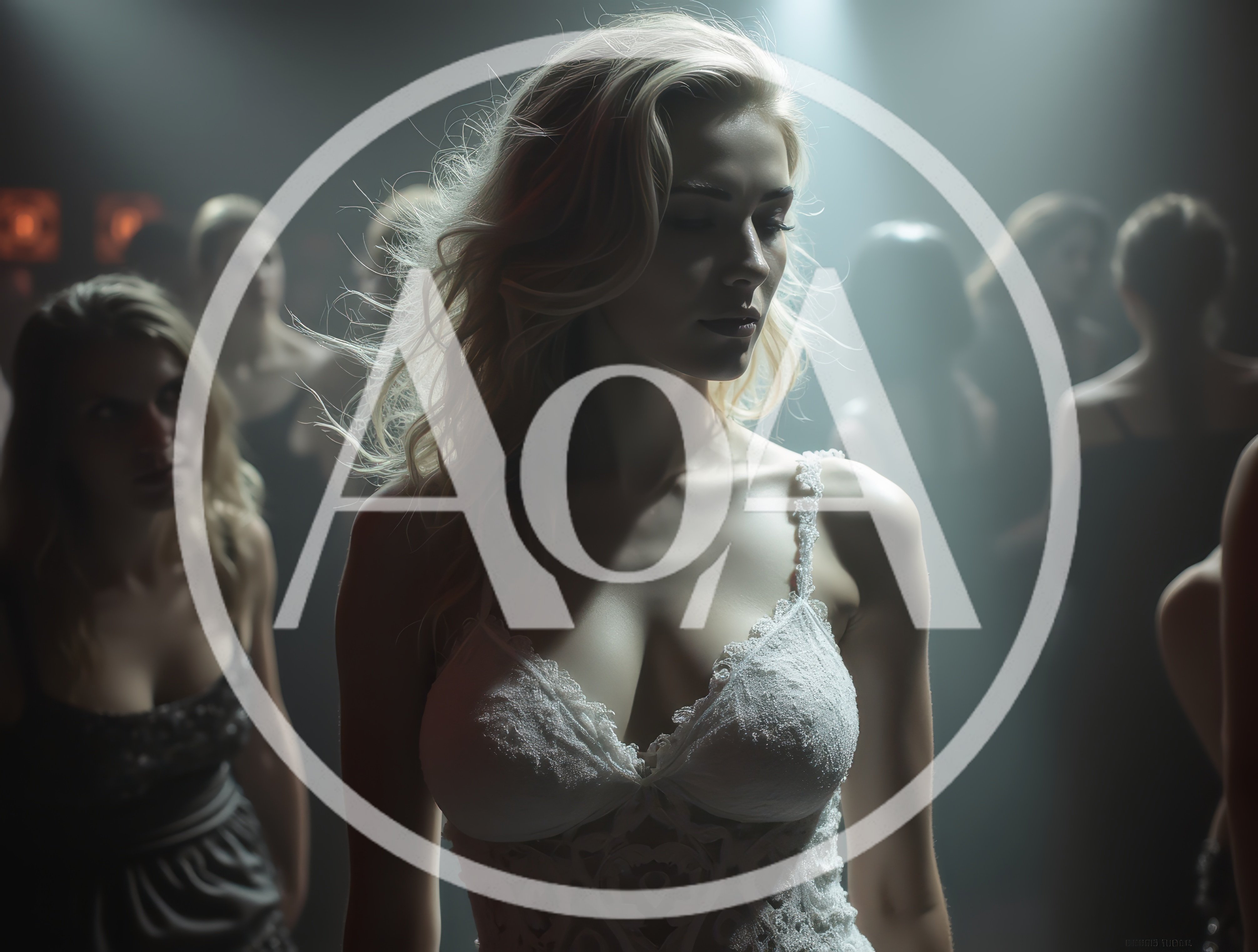 Blonde Woman In White Lace Dress At Nightclub