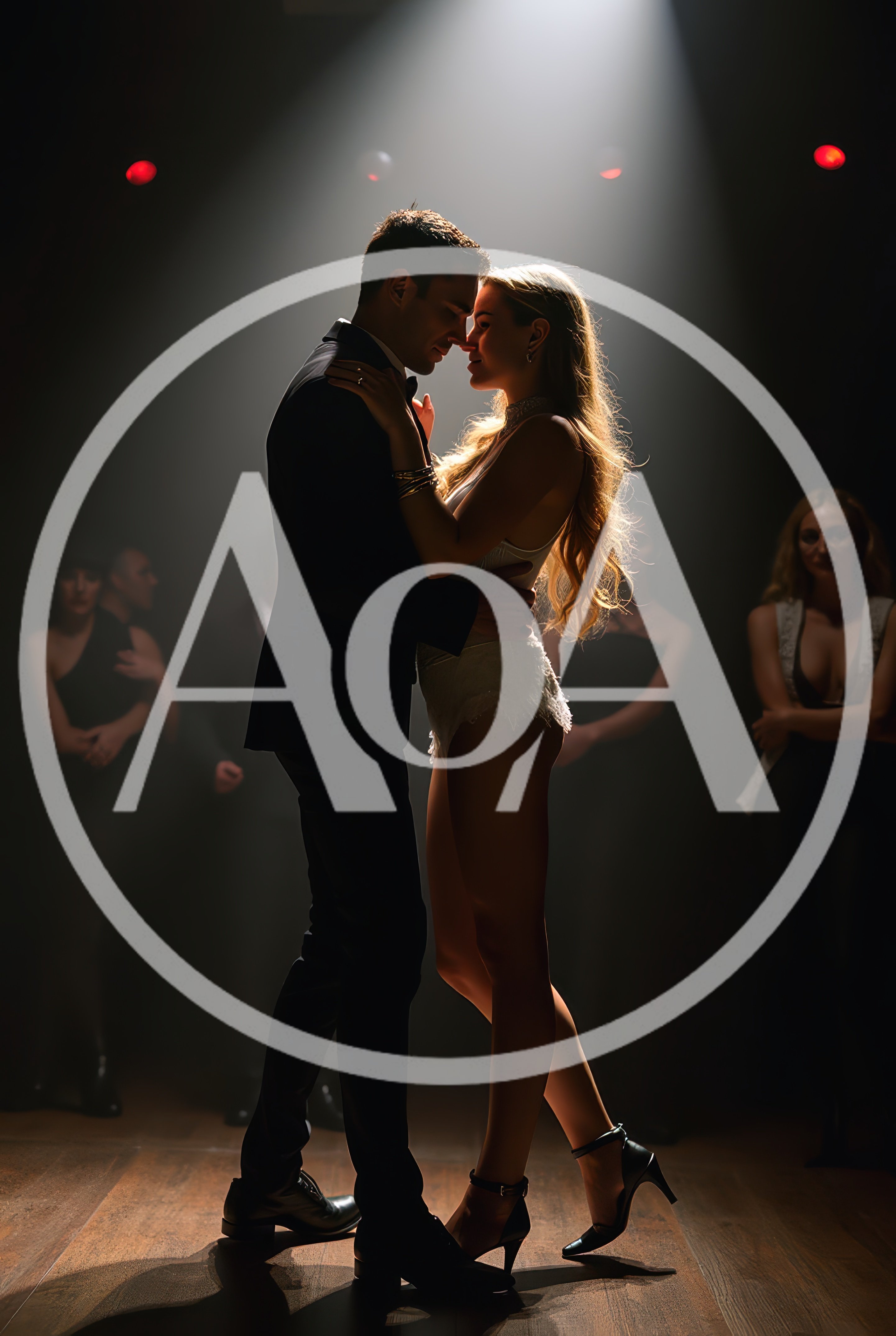 Elegant Couple Dancing Tango Under Dramatic Spotlight