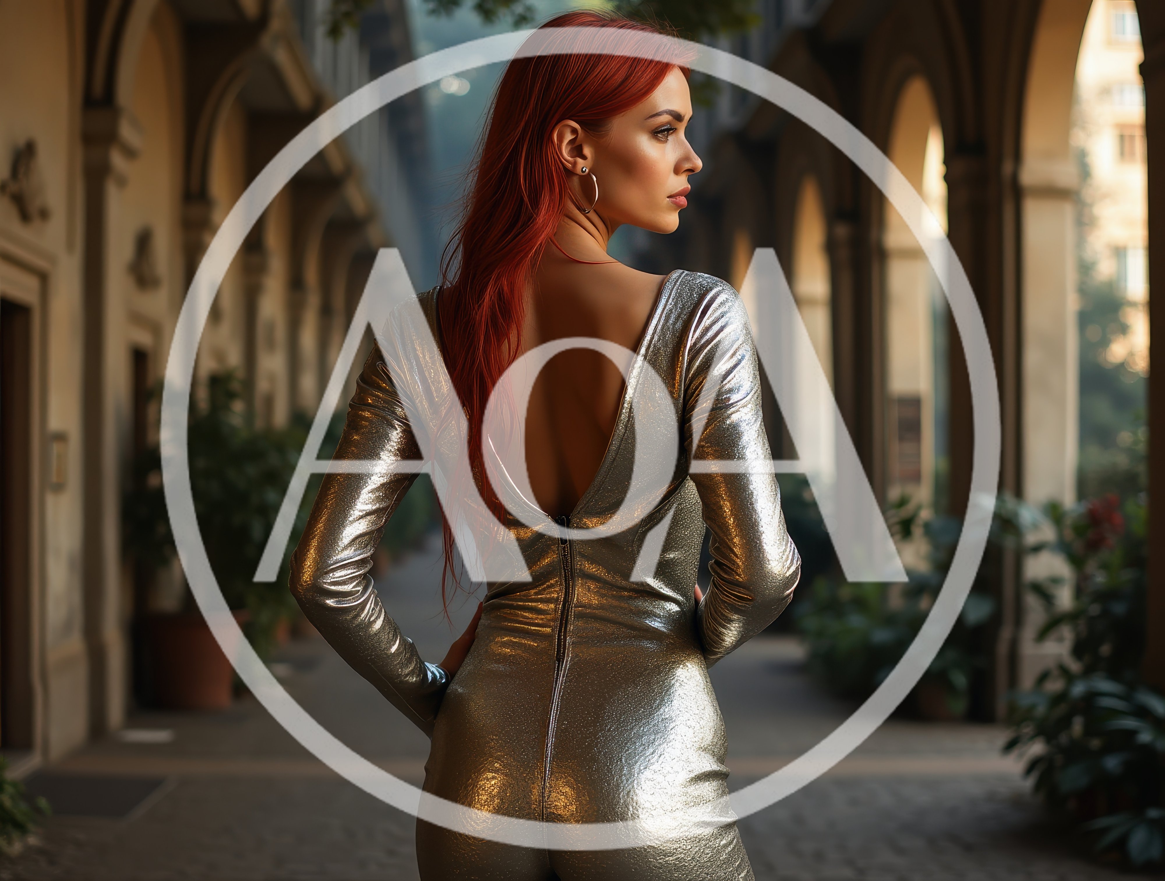 Elegant Woman In Metallic Dress Walking Through Arched Corridor