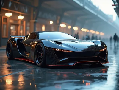 Sleek Black Supercar Parked On Wet City Street