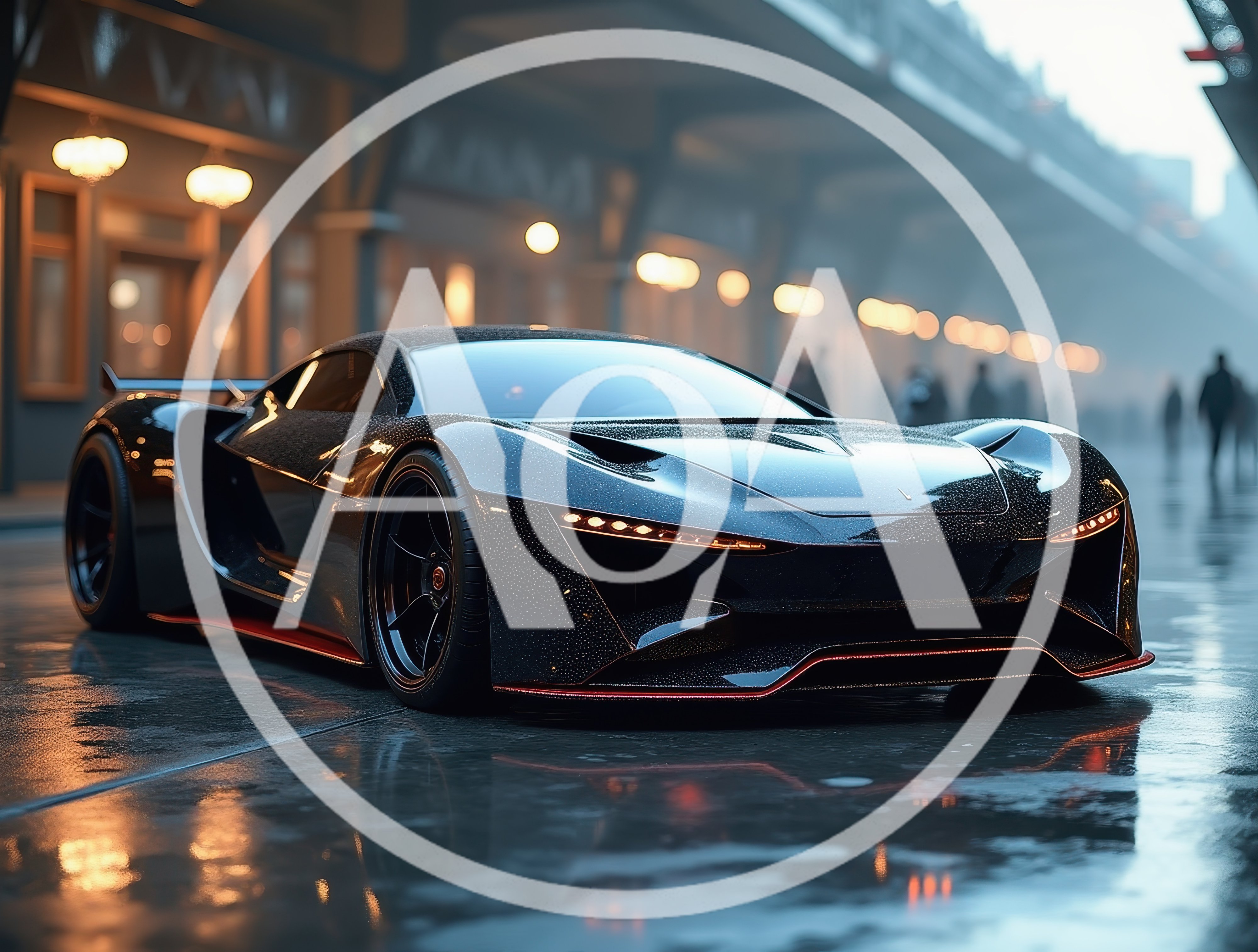 Sleek Black Supercar Parked On Wet City Street