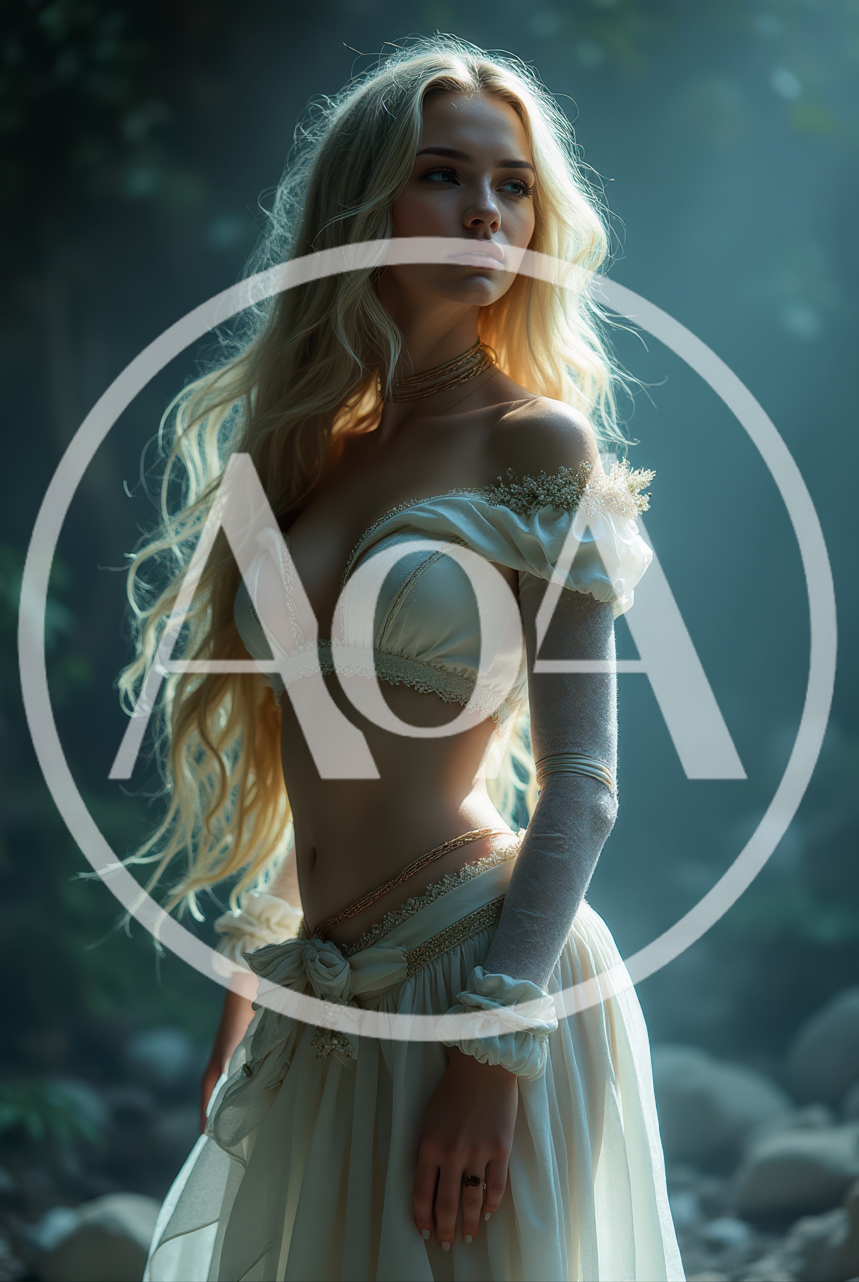 Ethereal Blonde Woman In Fantasy White Dress