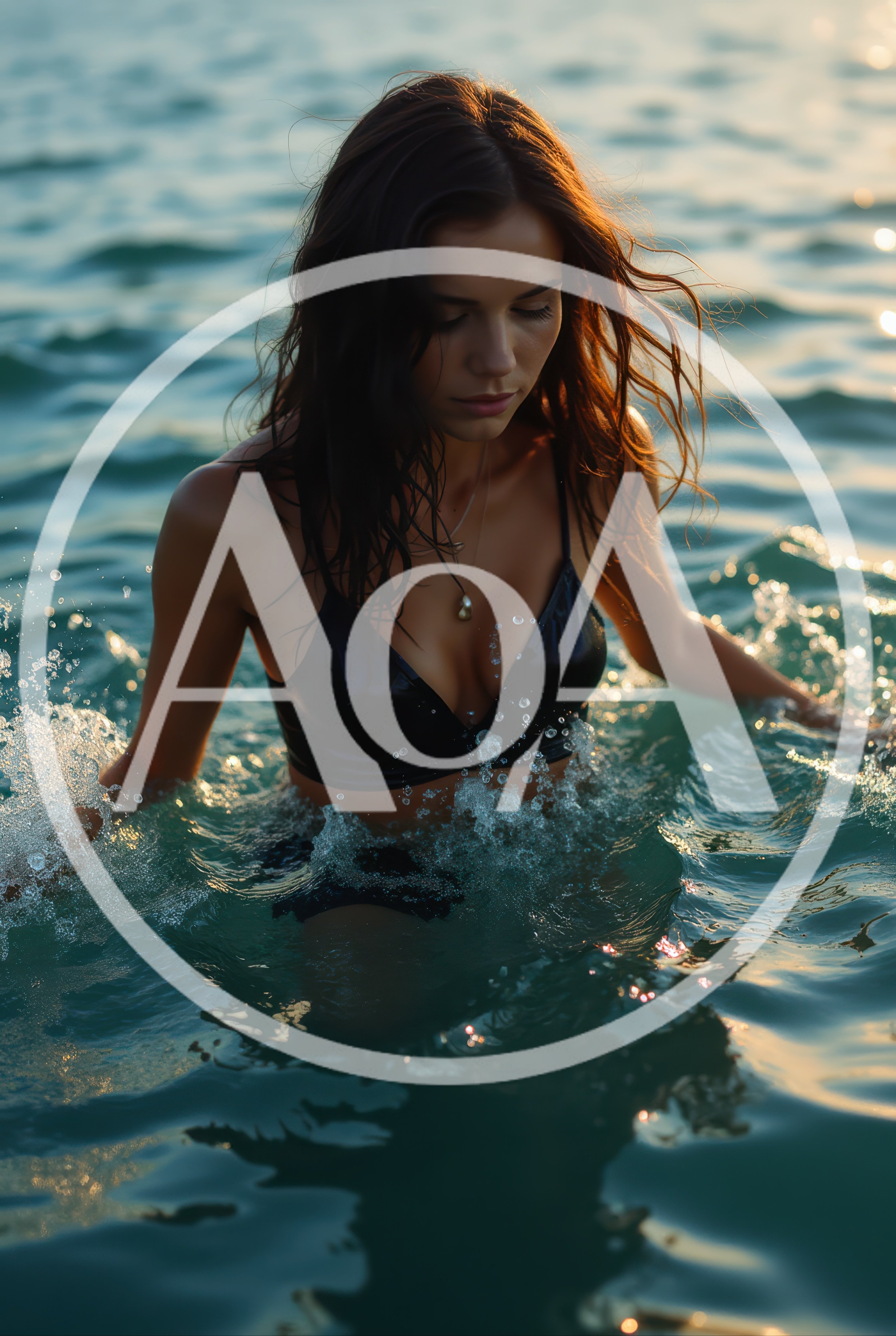 Young Woman Walking Through Ocean Water At Sunset