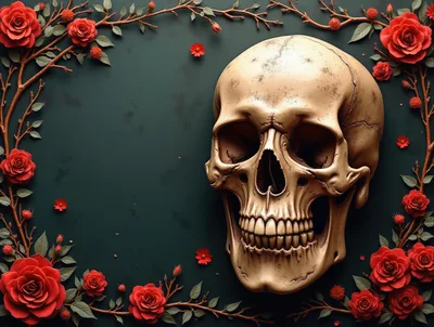 Human Skull Surrounded By Red Roses On Dark Background