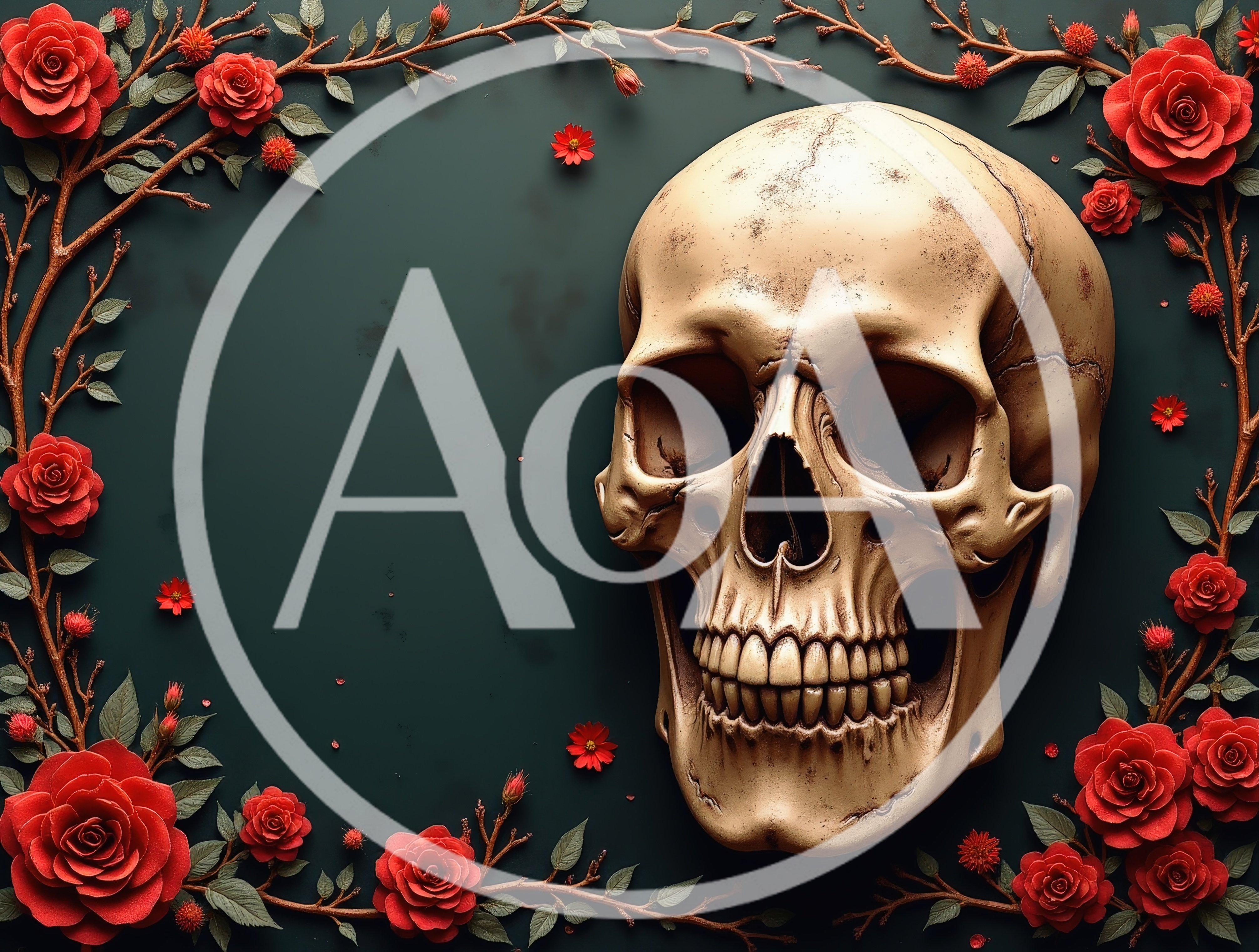 Human Skull Surrounded By Red Roses On Dark Background