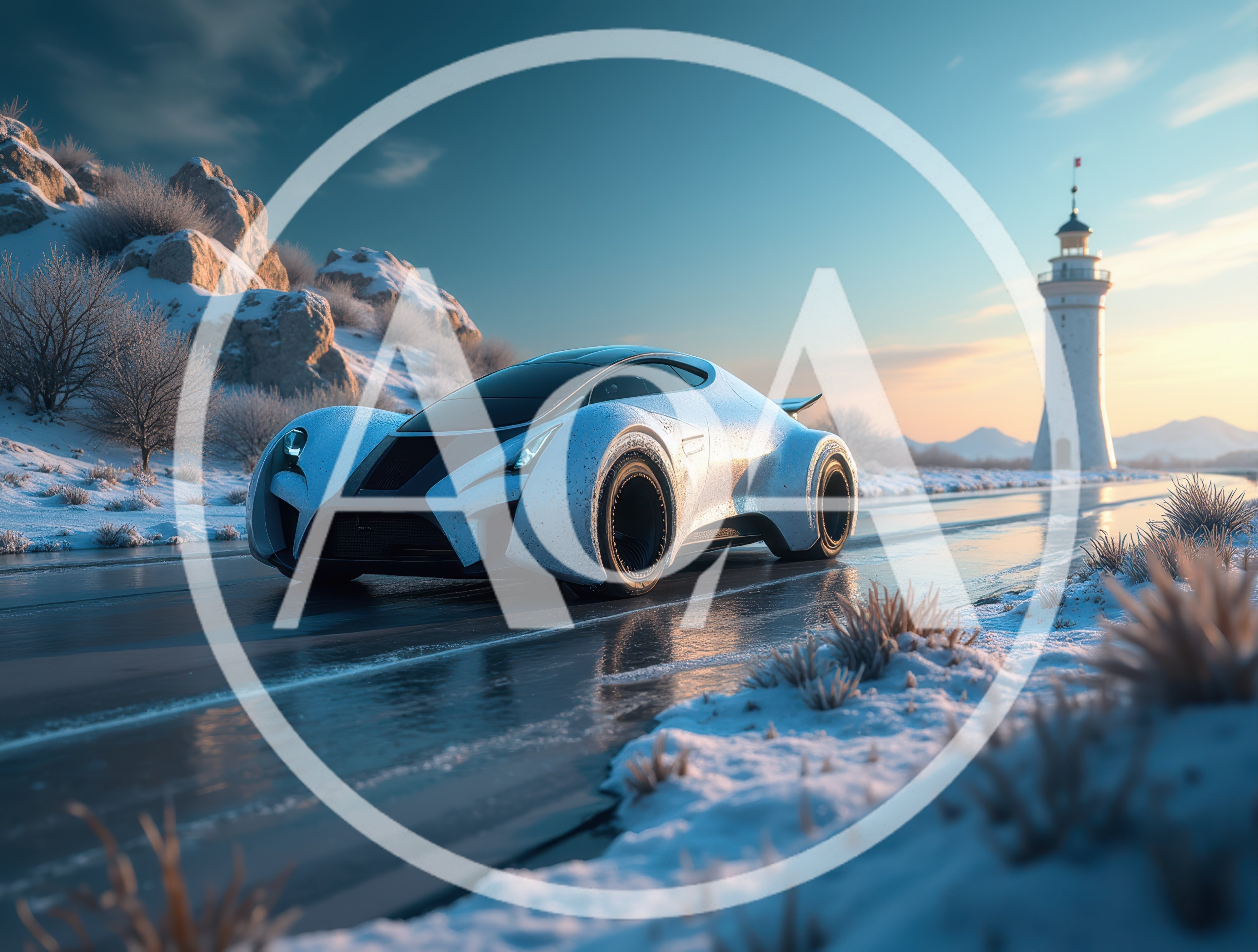 Futuristic Concept Car Driving on Snowy Coastal Road