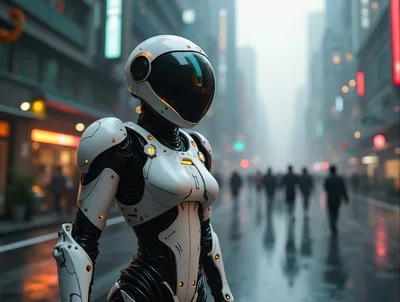 Futuristic Android Standing In A Busy City Street