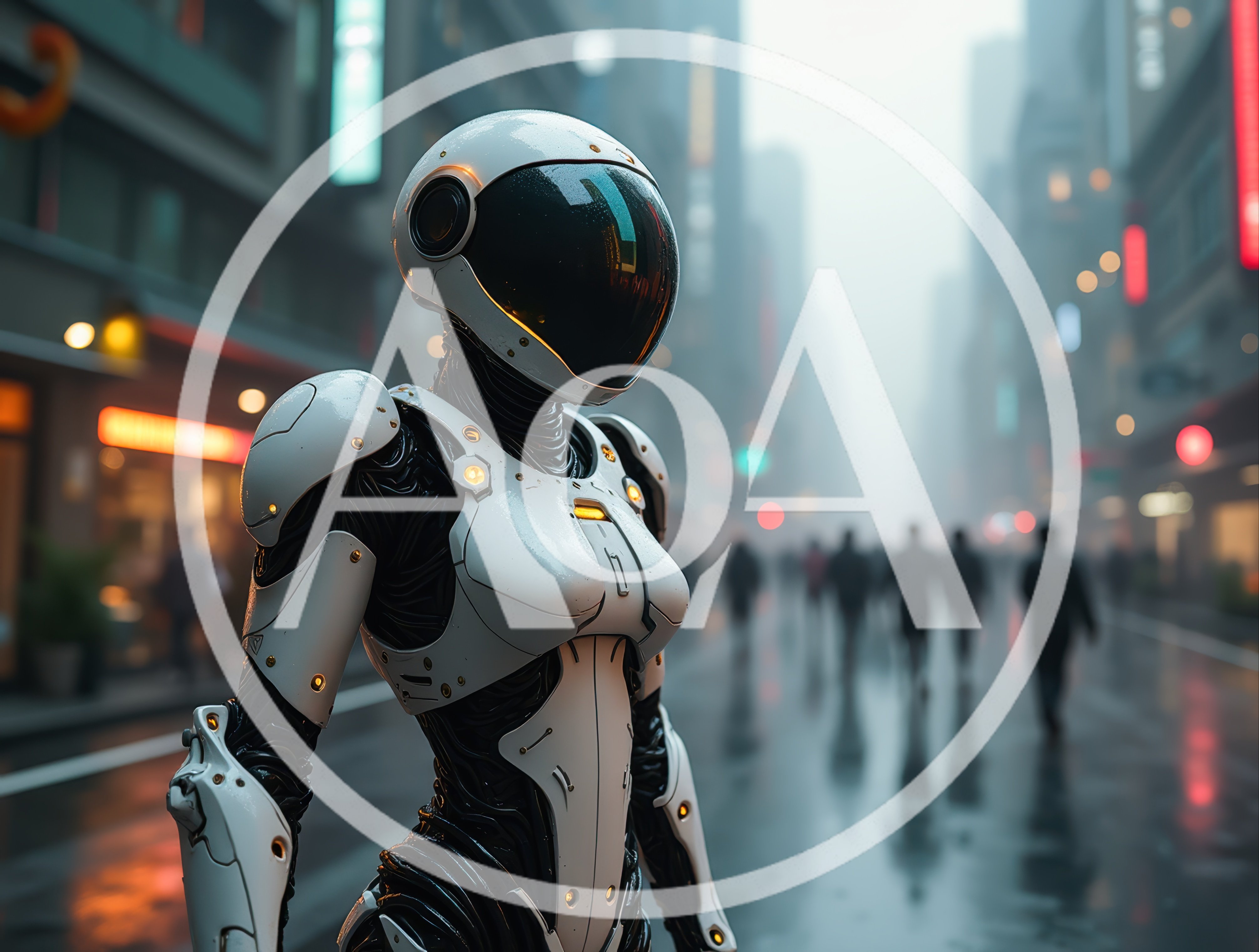 Futuristic Android Standing In A Busy City Street