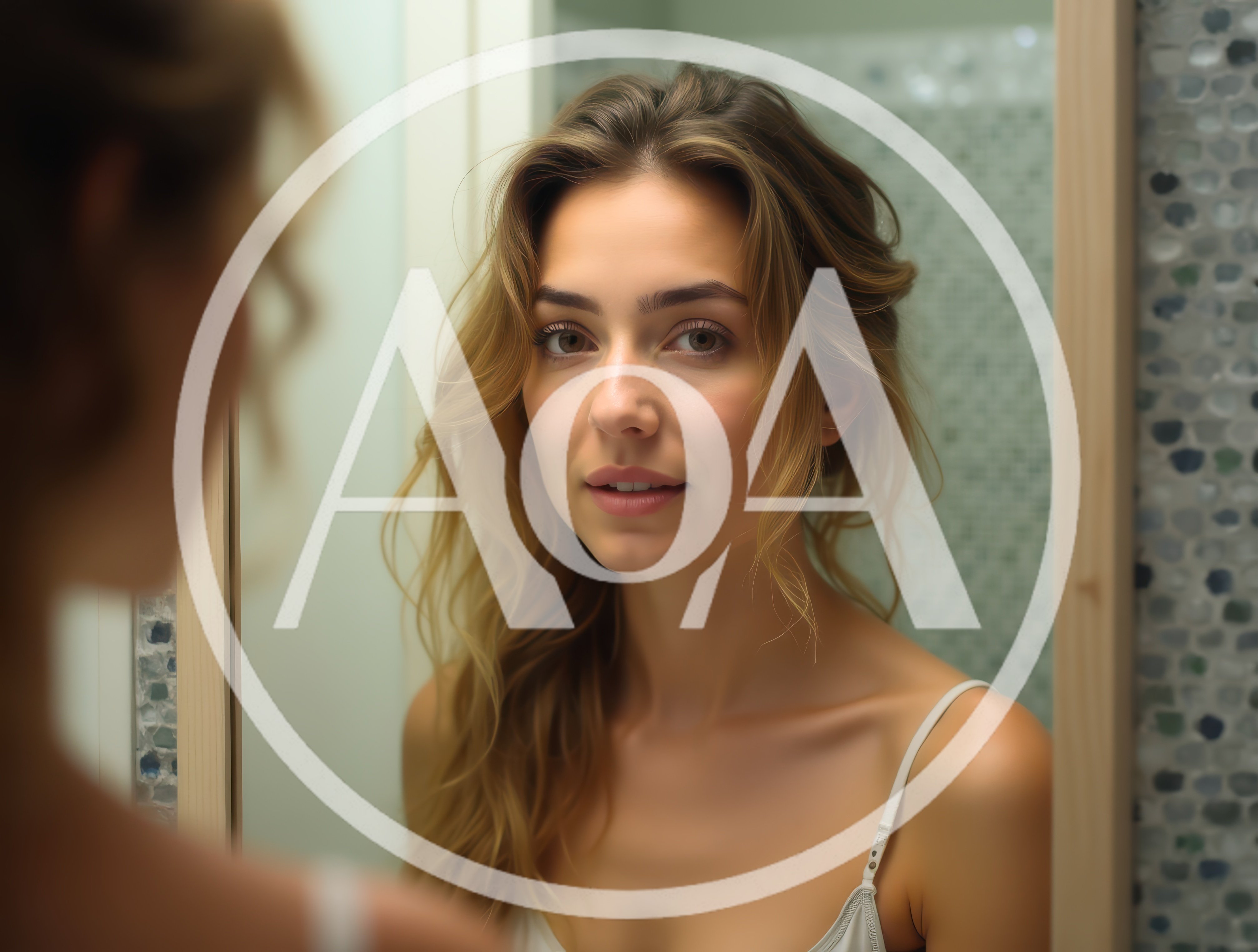 Young Woman Looking At Her Reflection In Bathroom Mirror