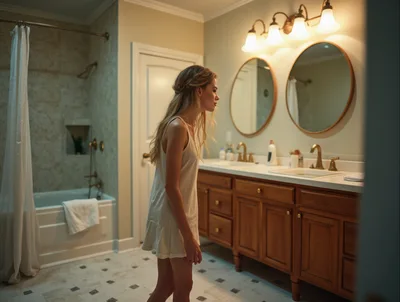 Young Woman Looking Into Bathroom Mirror