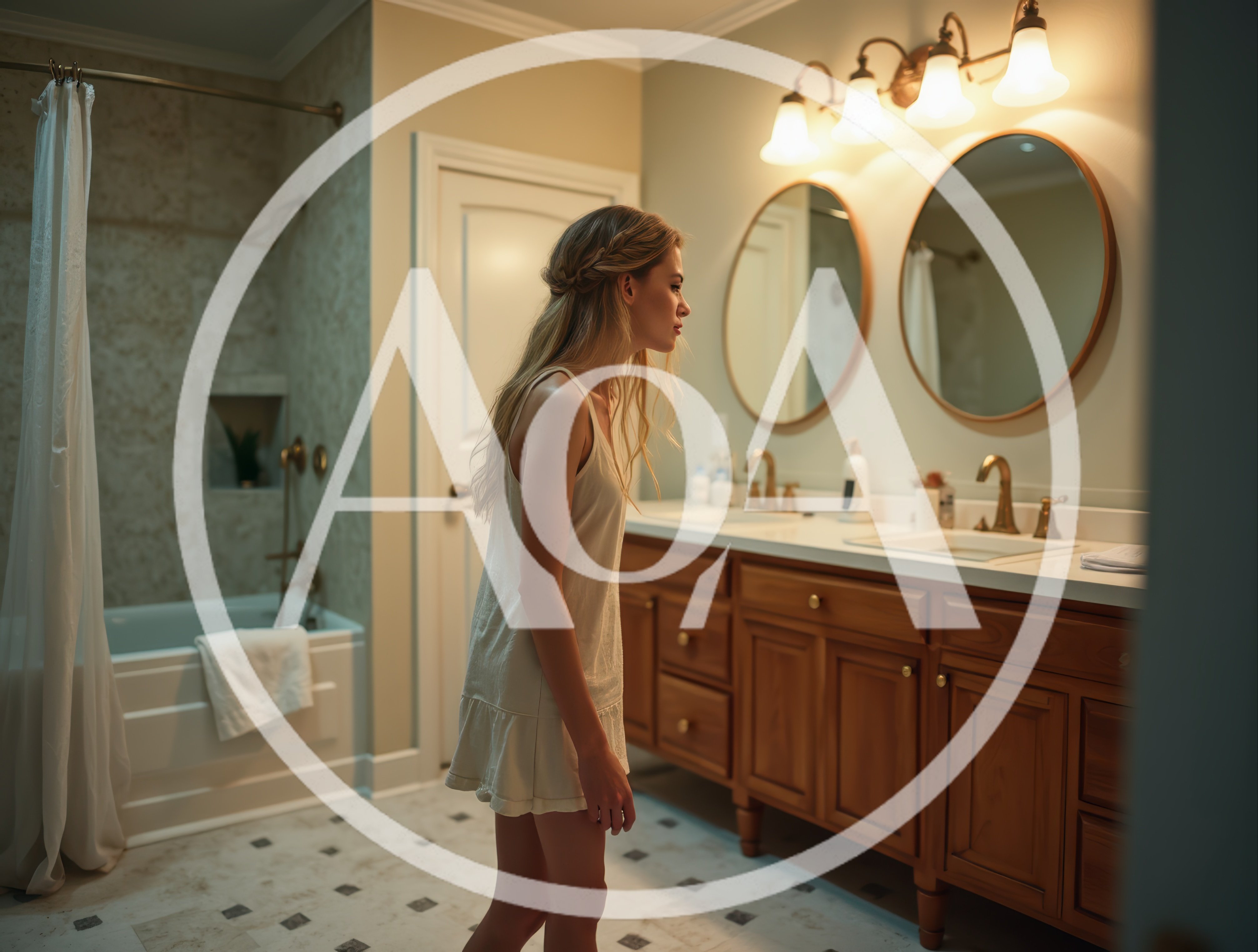 Young Woman Looking Into Bathroom Mirror