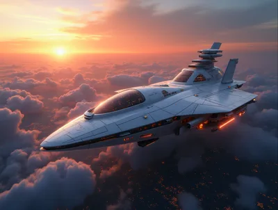 Futuristic White Spaceship Flying Above Clouds At Sunset