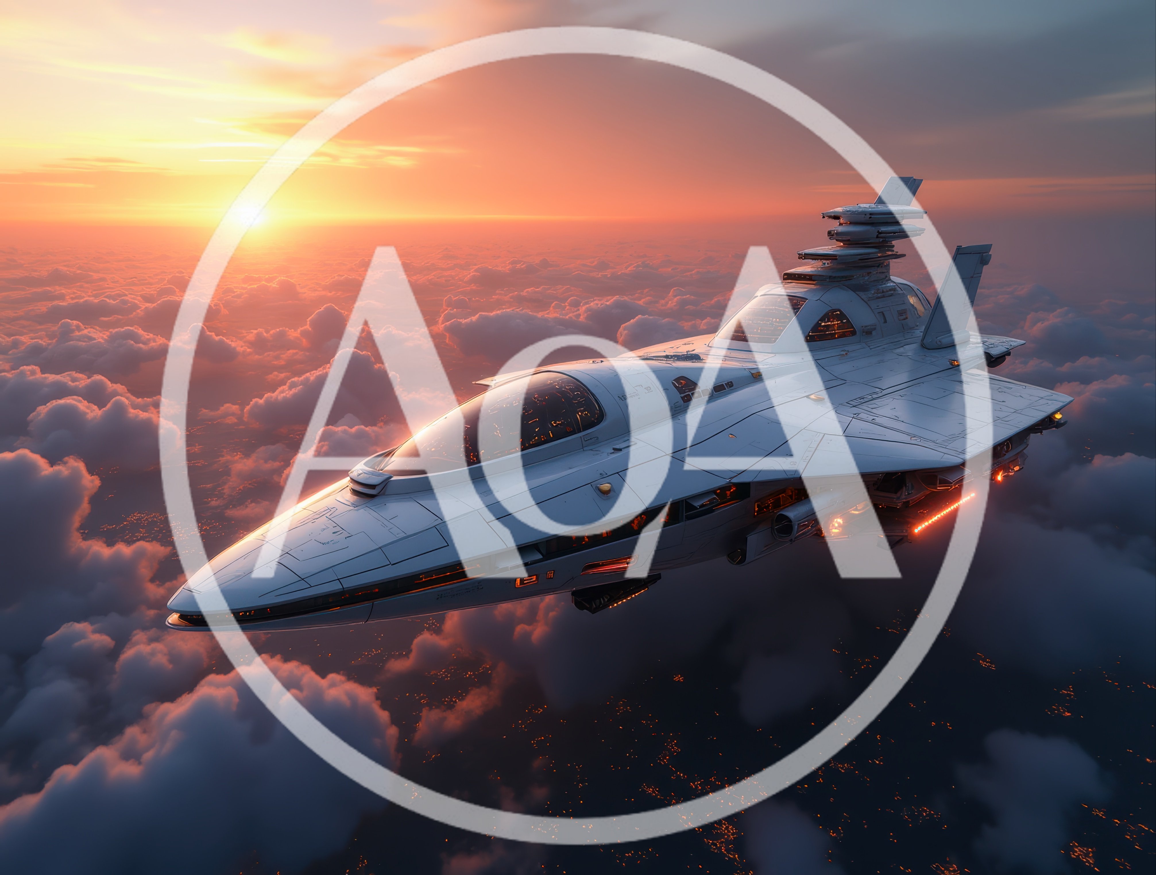 Futuristic White Spaceship Flying Above Clouds At Sunset