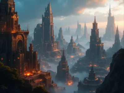 Gothic Fantasy Cityscape With Glowing Lights And Fog