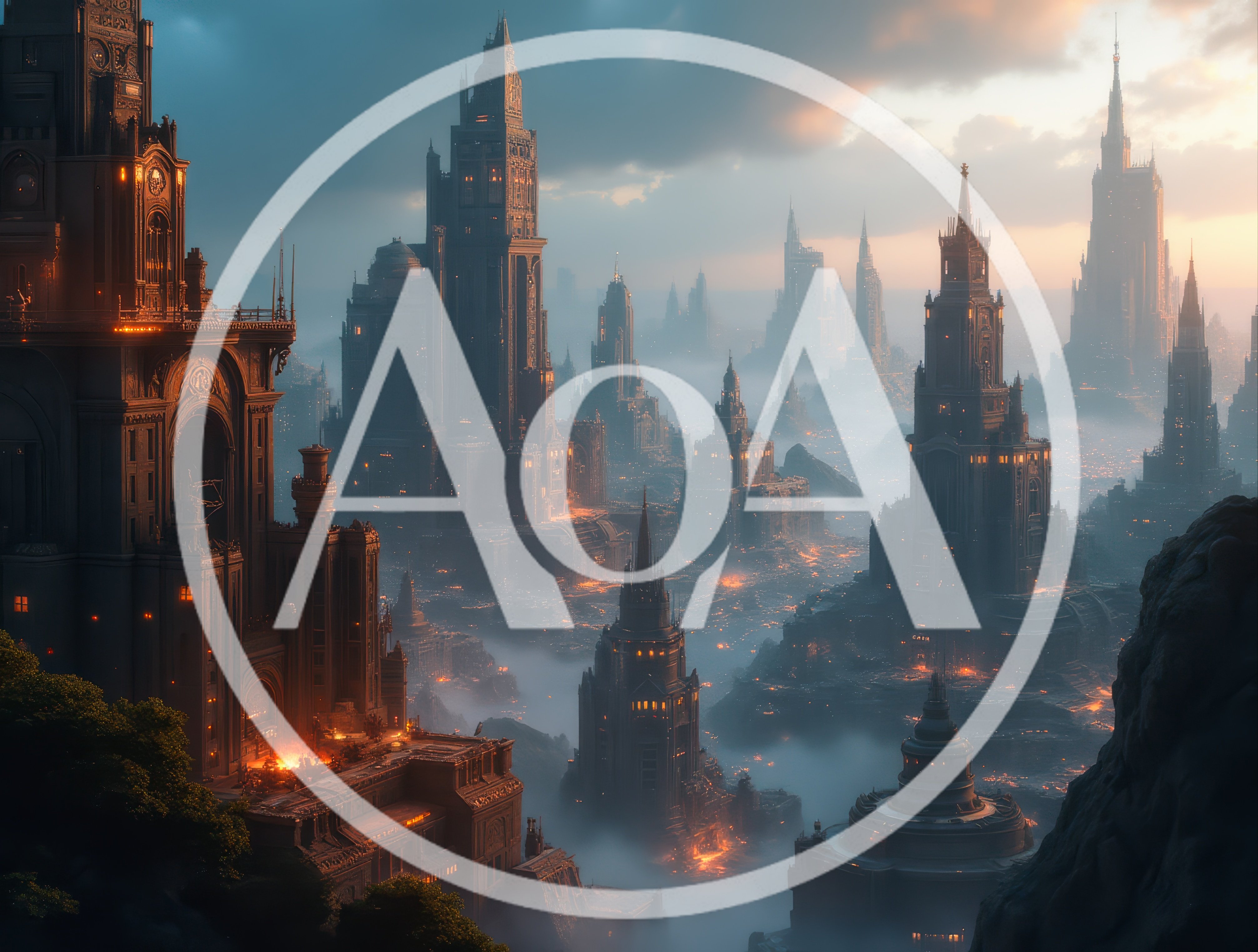 Gothic Fantasy Cityscape With Glowing Lights And Fog