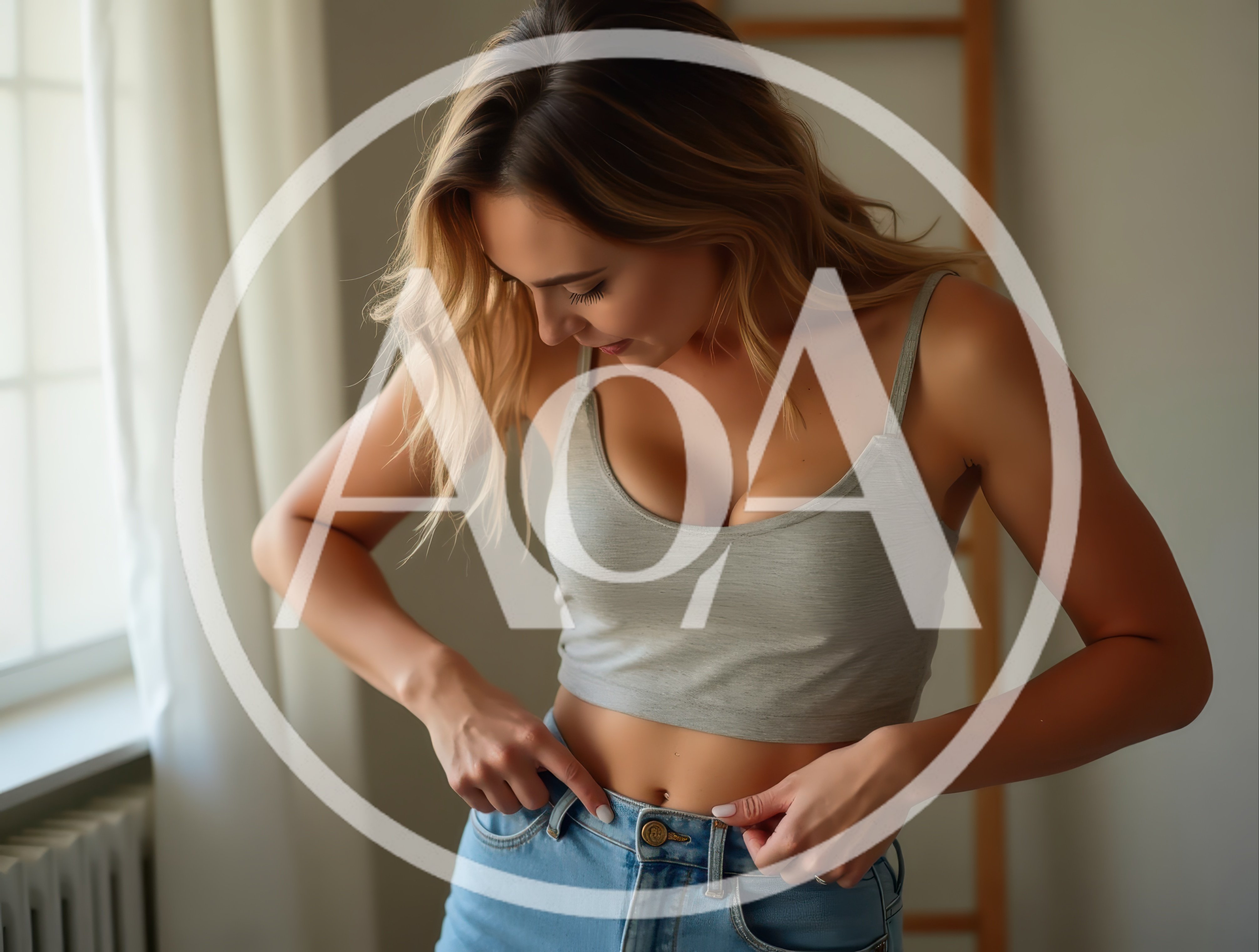 Young Woman Checking Fit Of Her Blue Jeans