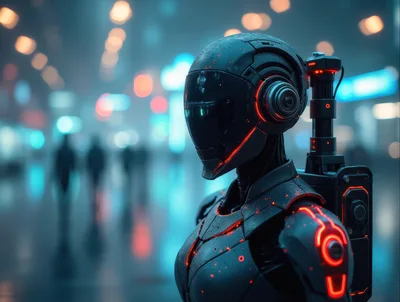 Futuristic Android Standing In A Neon City Street