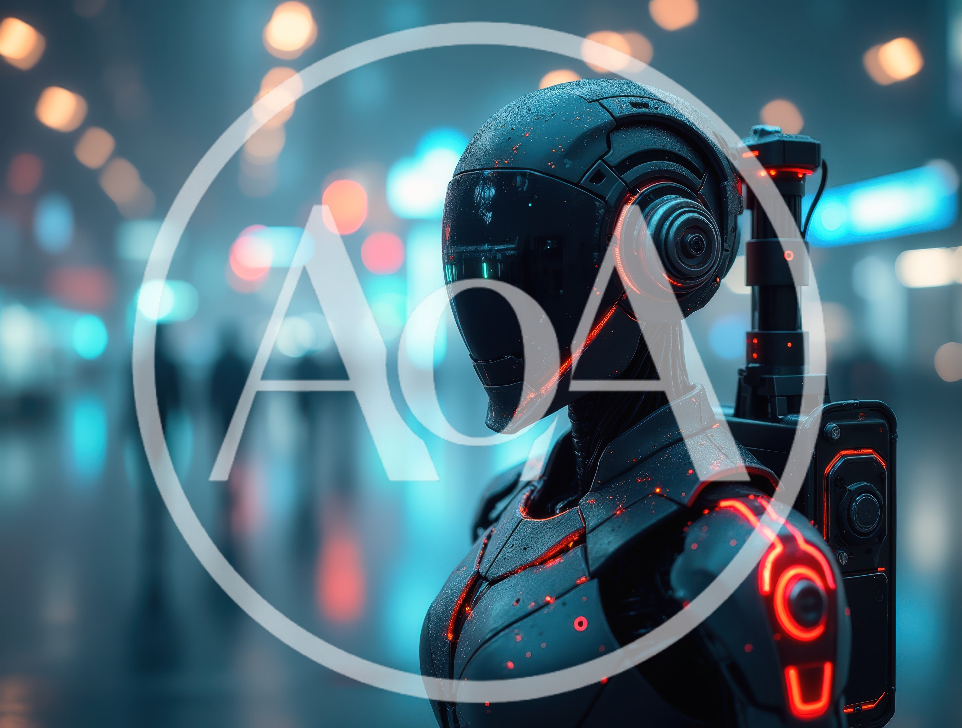 Futuristic Android Standing In A Neon City Street