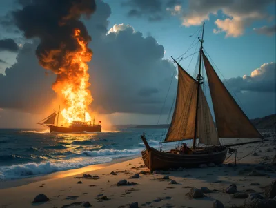 Burning Ship Exploding At Sea Near Beach