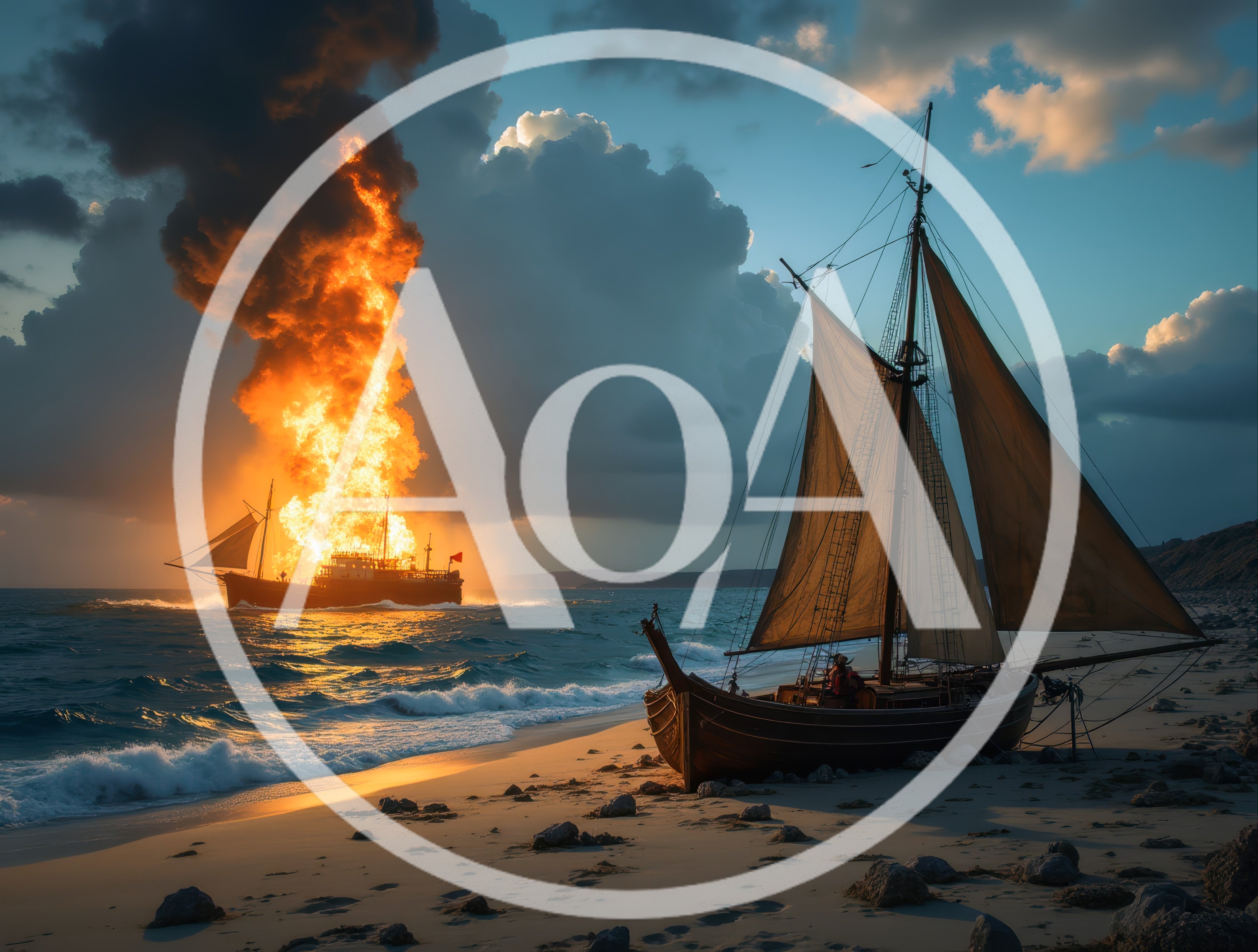 Burning Ship Exploding At Sea Near Beach