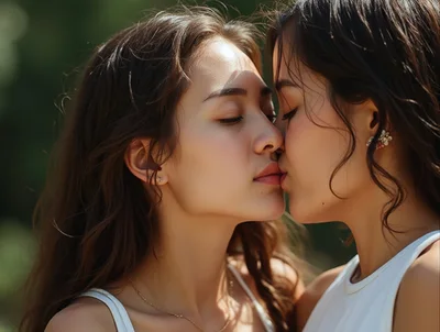 Two Young Women Sharing An Intimate Kiss Outdoors