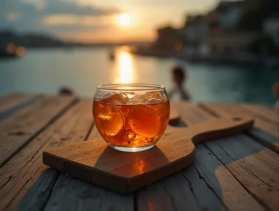 Glass Of Iced Tea On A Wooden Board At Sunset