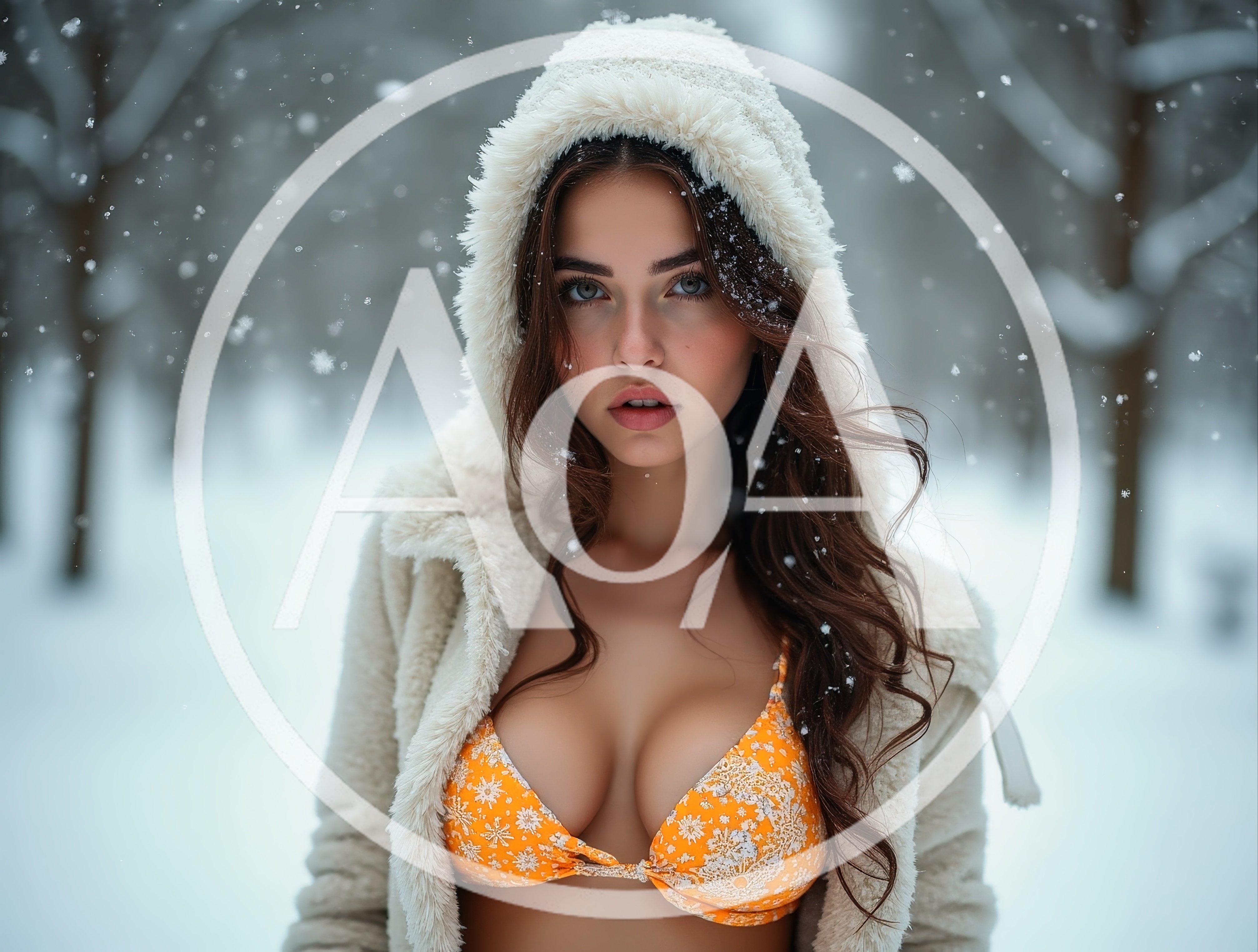 Young Woman Wearing Bikini And Fur Coat In Snow