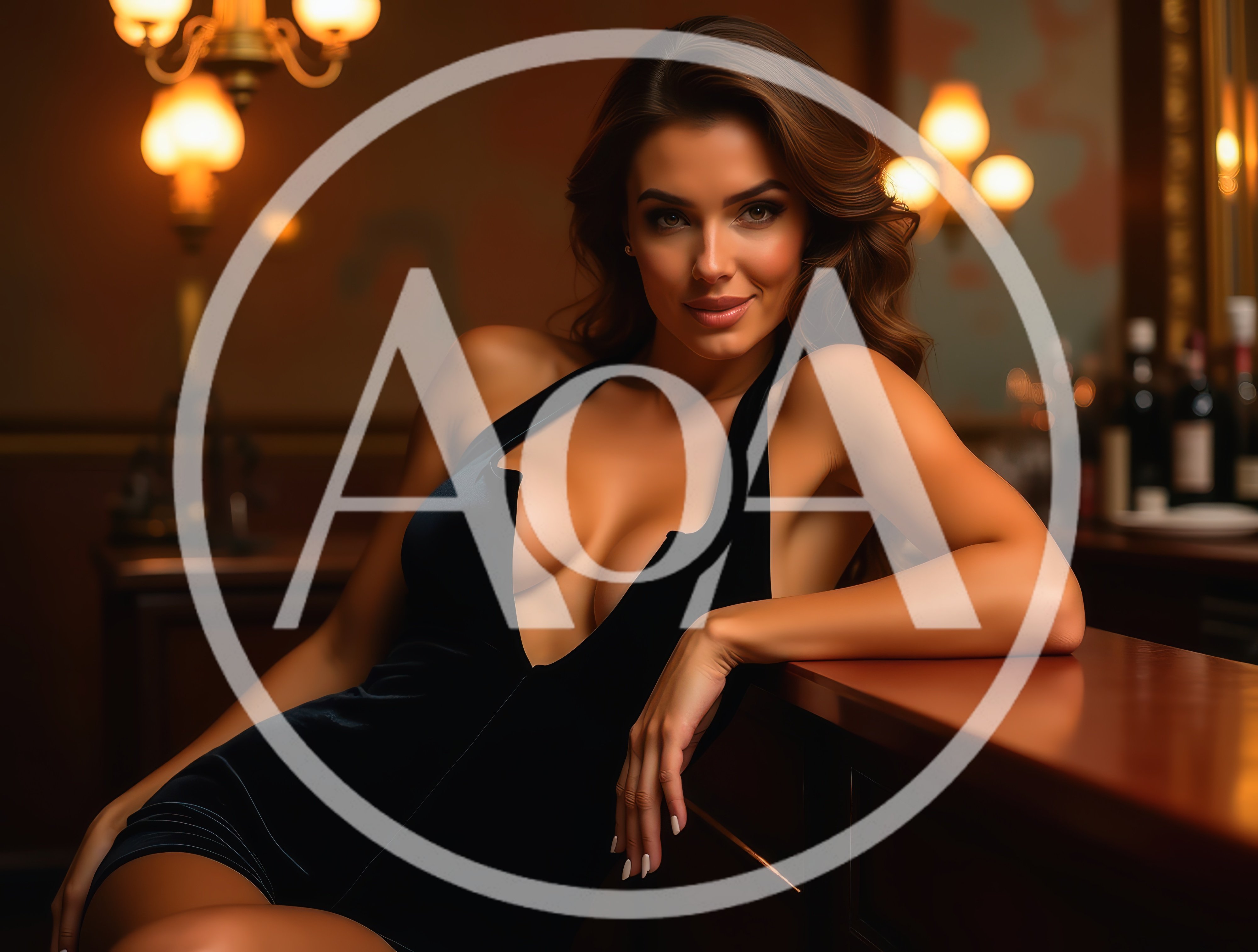 Elegant Woman In Black Dress Leaning On Bar Counter
