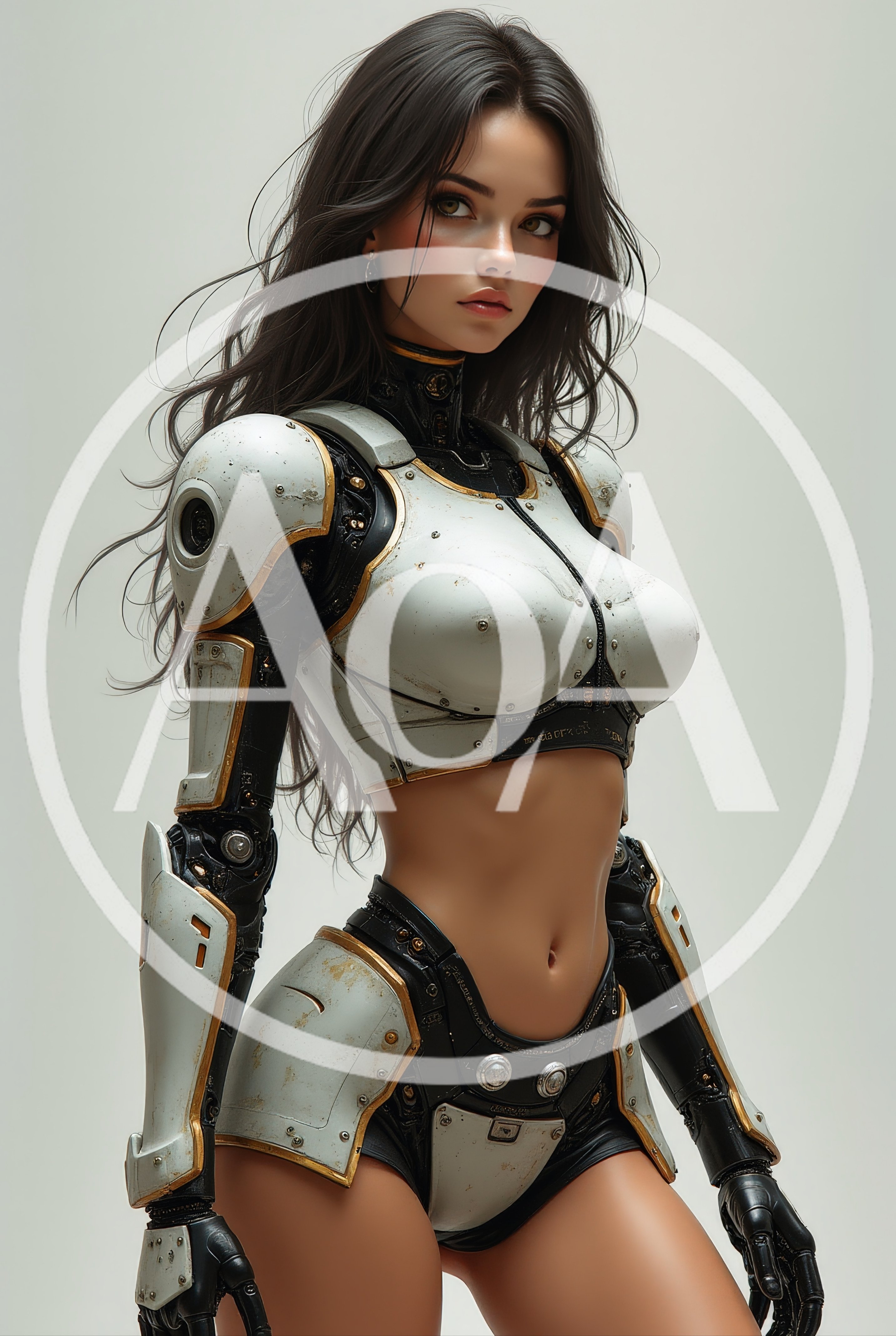Cyborg Woman With White Armor And Dark Hair