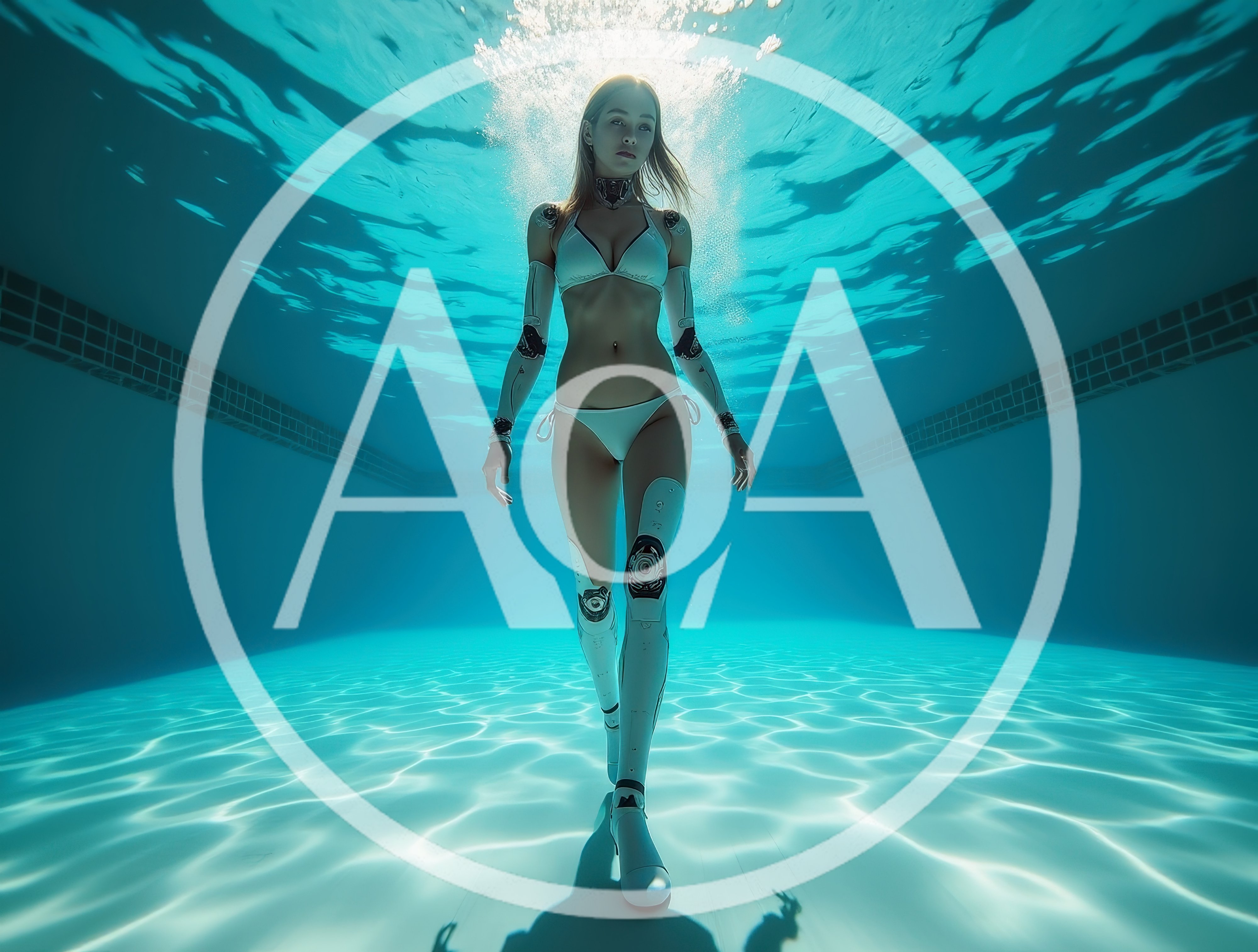 Cyborg Woman Walking Underwater In A Swimming Pool