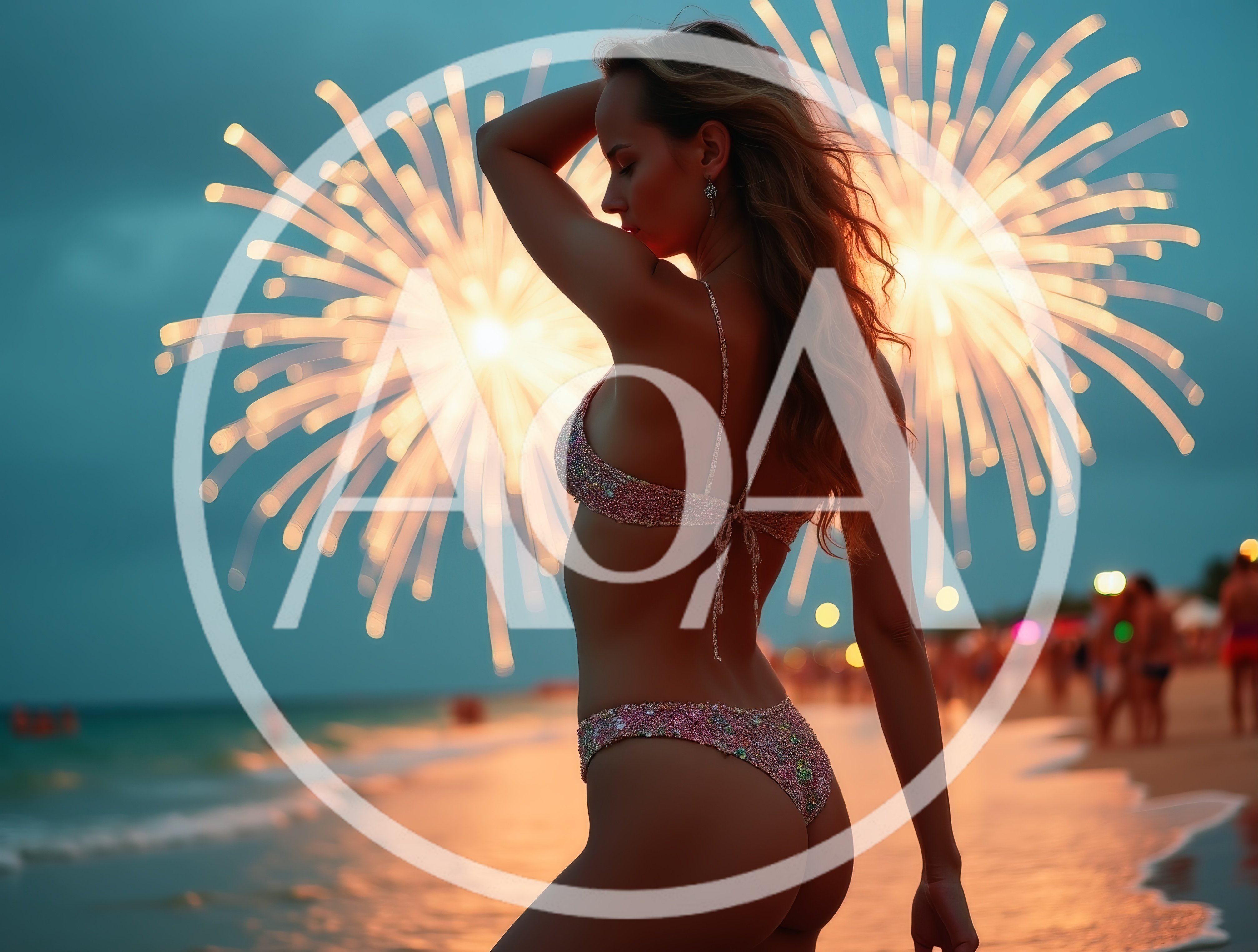 Woman In Glittering Bikini Posing On Beach With Fireworks