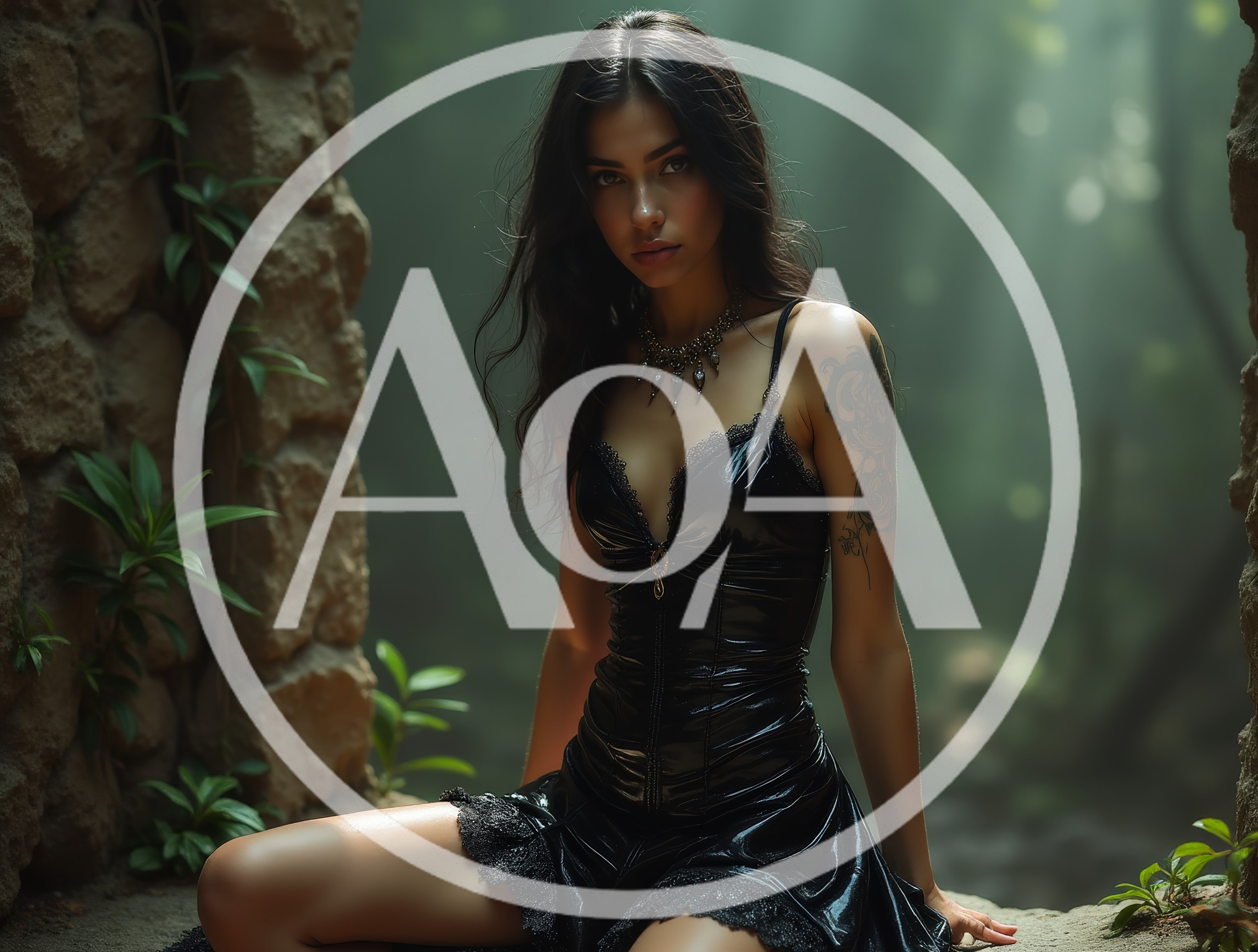 Gothic Woman Sitting In Ancient Stone Ruins