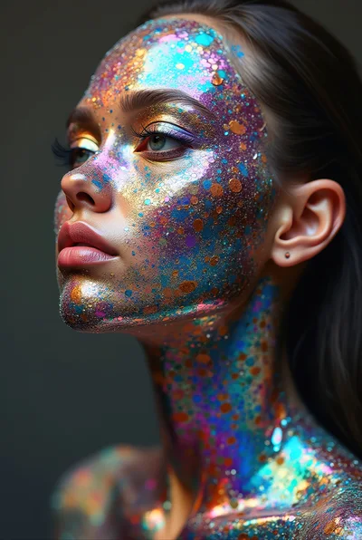 Portrait Of Woman With Iridescent Glitter Makeup