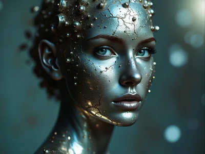 Portrait Of A Metallic Humanoid With Cracked Skin