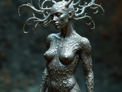 Metallic Alien Humanoid Figure With Branching Horns