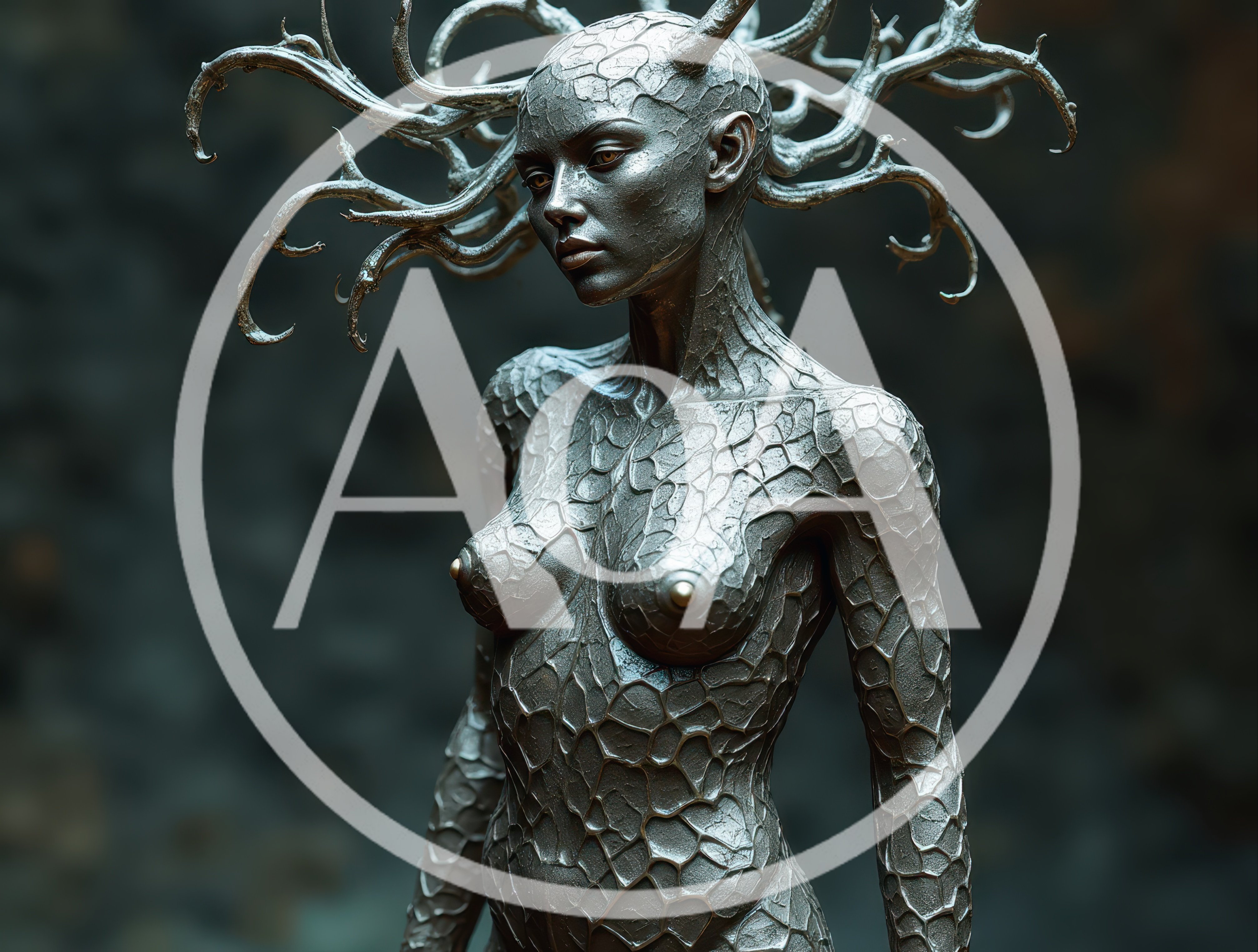 Metallic Alien Humanoid Figure With Branching Horns