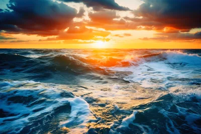 Dramatic Ocean Waves At Sunset Over The Horizon