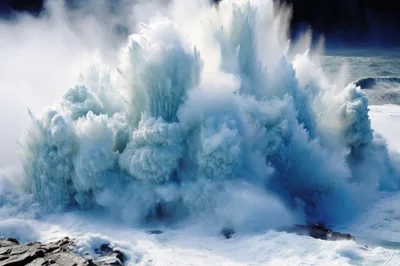 Massive Ocean Wave Crashing Against Rocky Shoreline