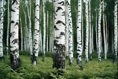 Lush Green Birch Forest With White Tree Trunks