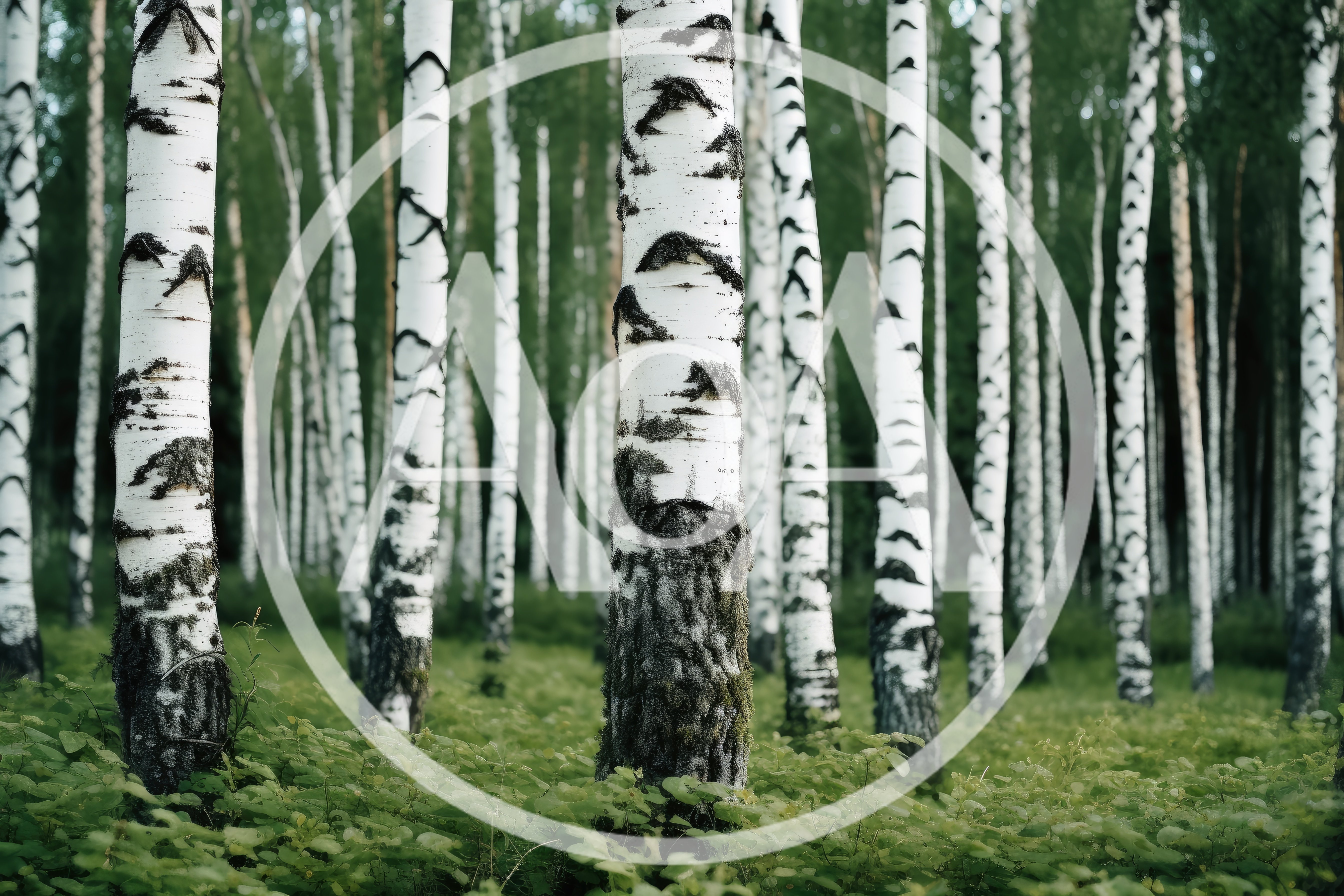 Lush Green Birch Forest With White Tree Trunks