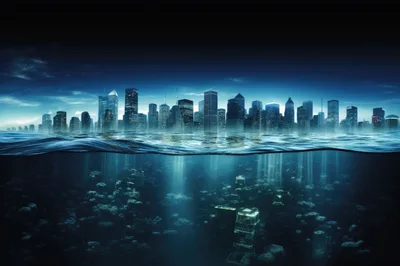 Submerged Futuristic City Skyline Under Dark Ocean Waters