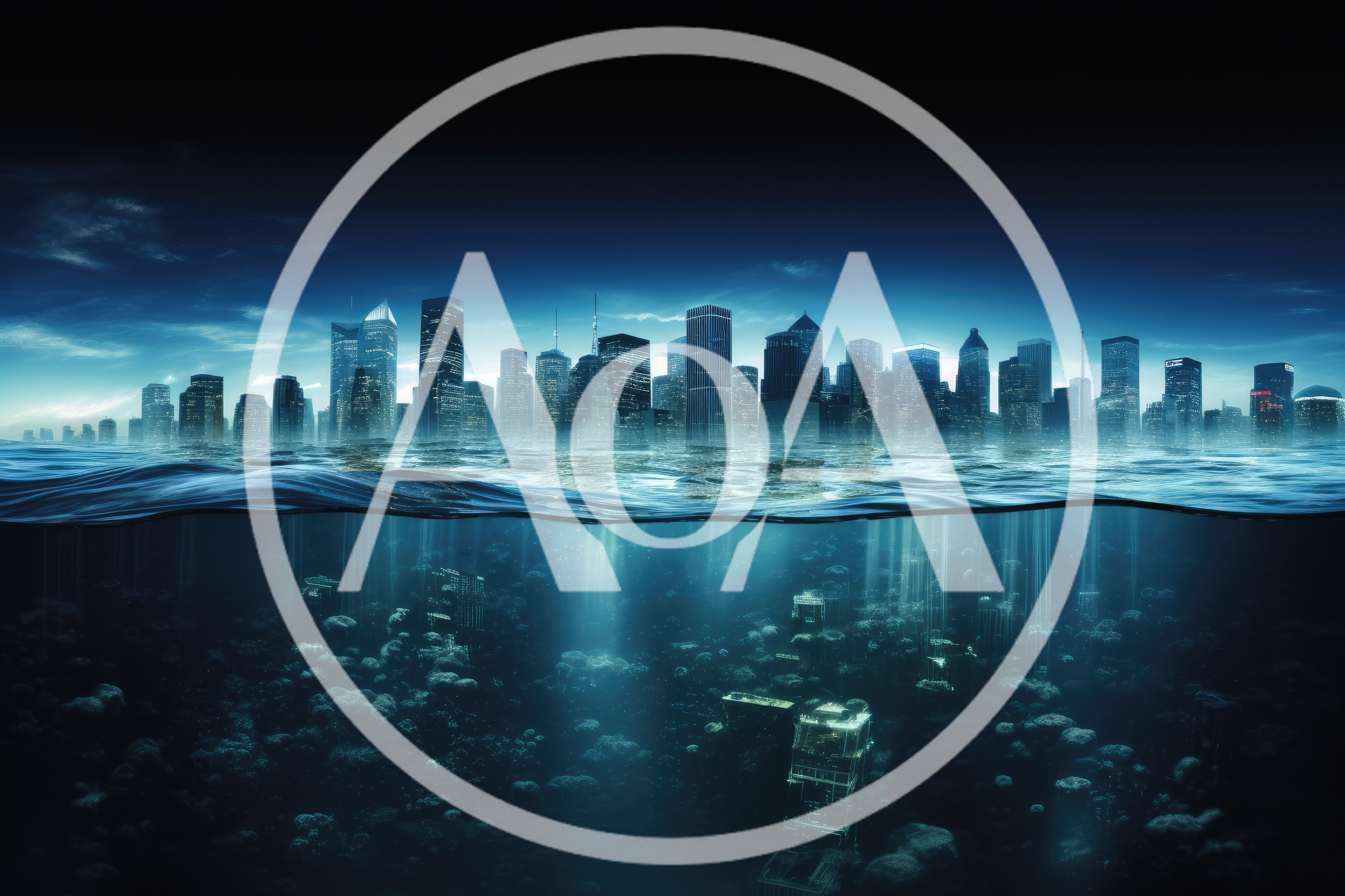 Submerged Futuristic City Skyline Under Dark Ocean Waters
