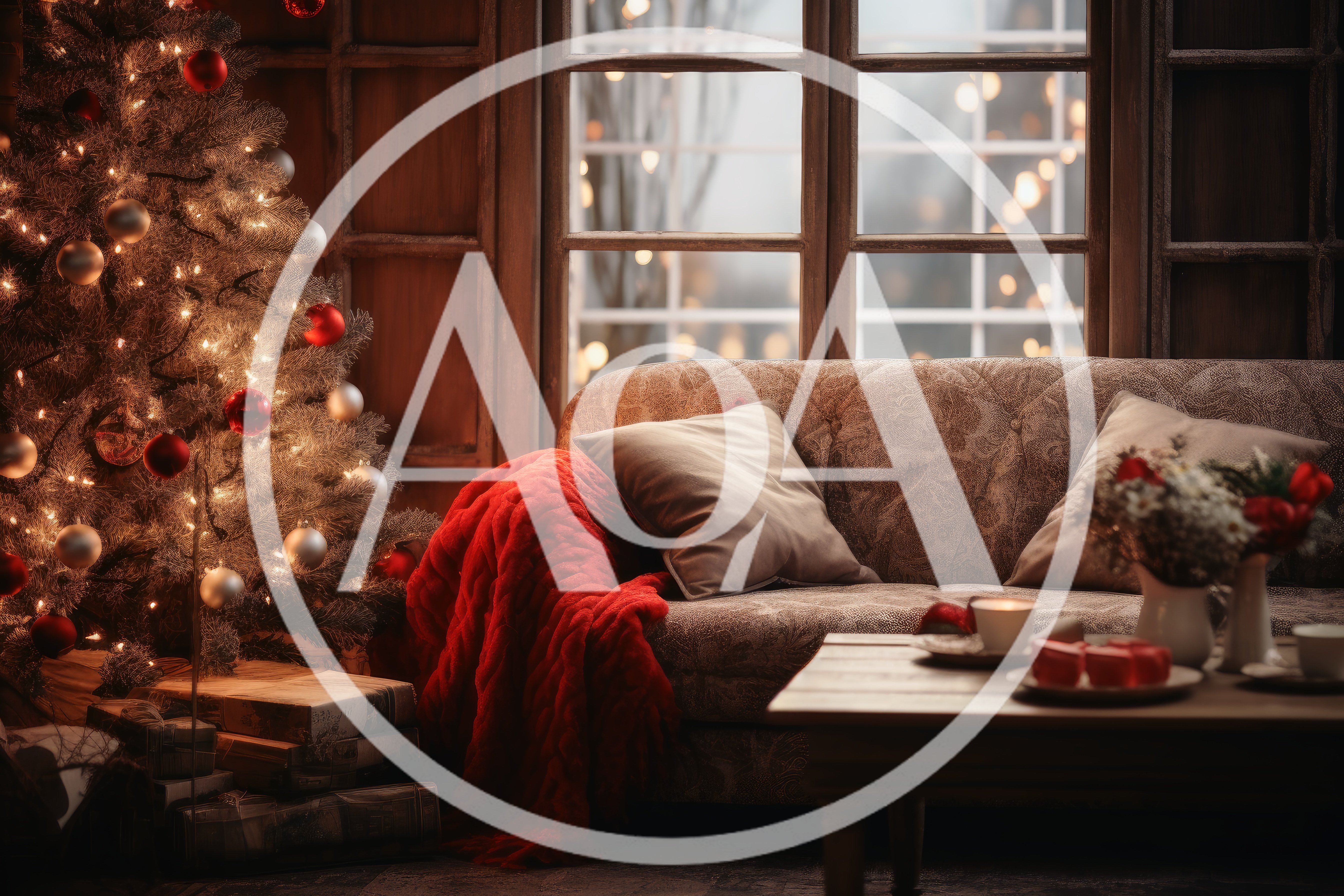 Cozy Christmas Living Room With Decorated Tree And Sofa