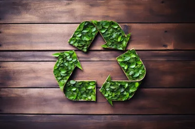 Recycle Symbol Made Of Green Leaves On Wooden Background