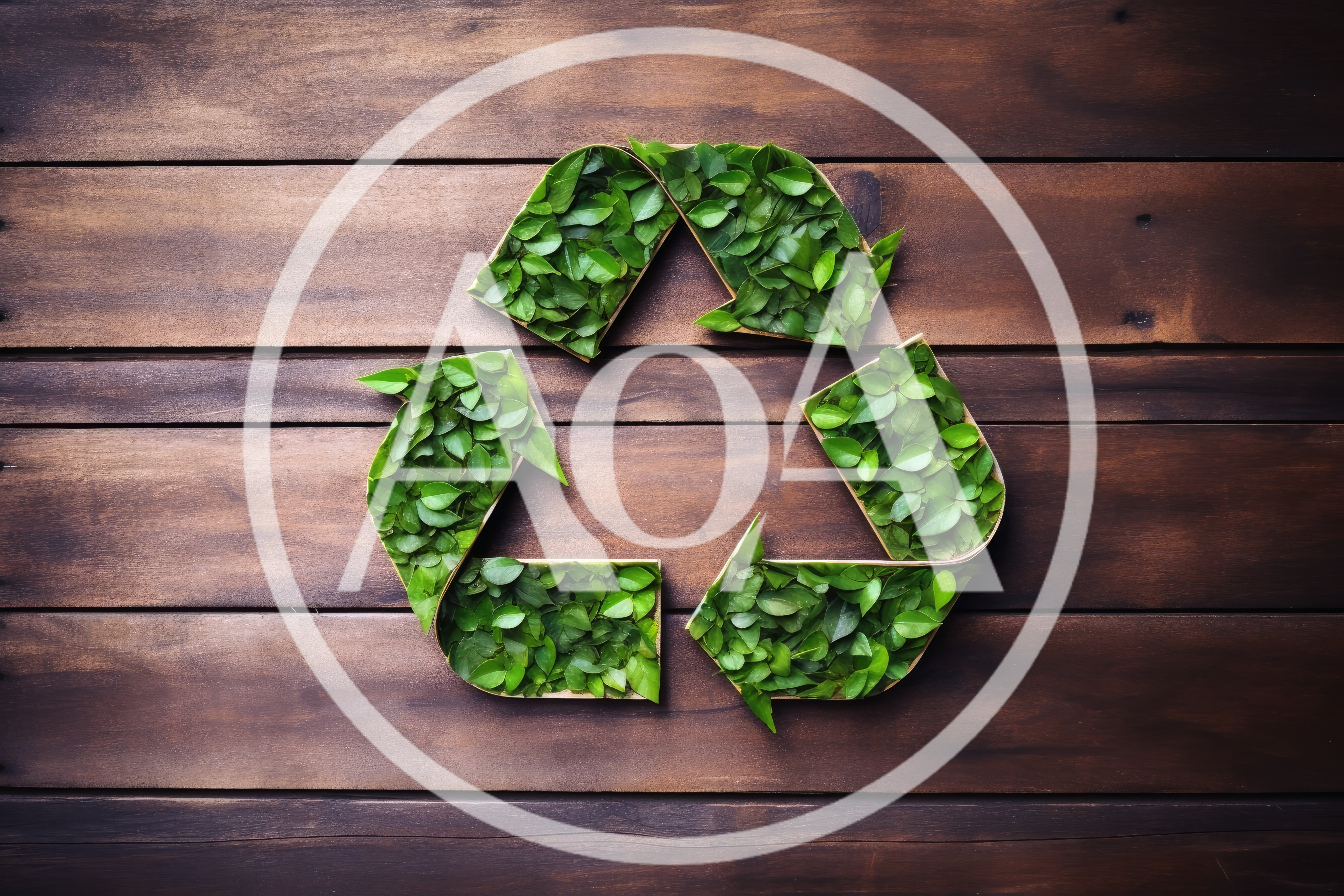 Recycle Symbol Made Of Green Leaves On Wooden Background
