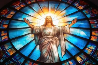 Stained Glass Window Depicting Jesus Christ With Open Arms