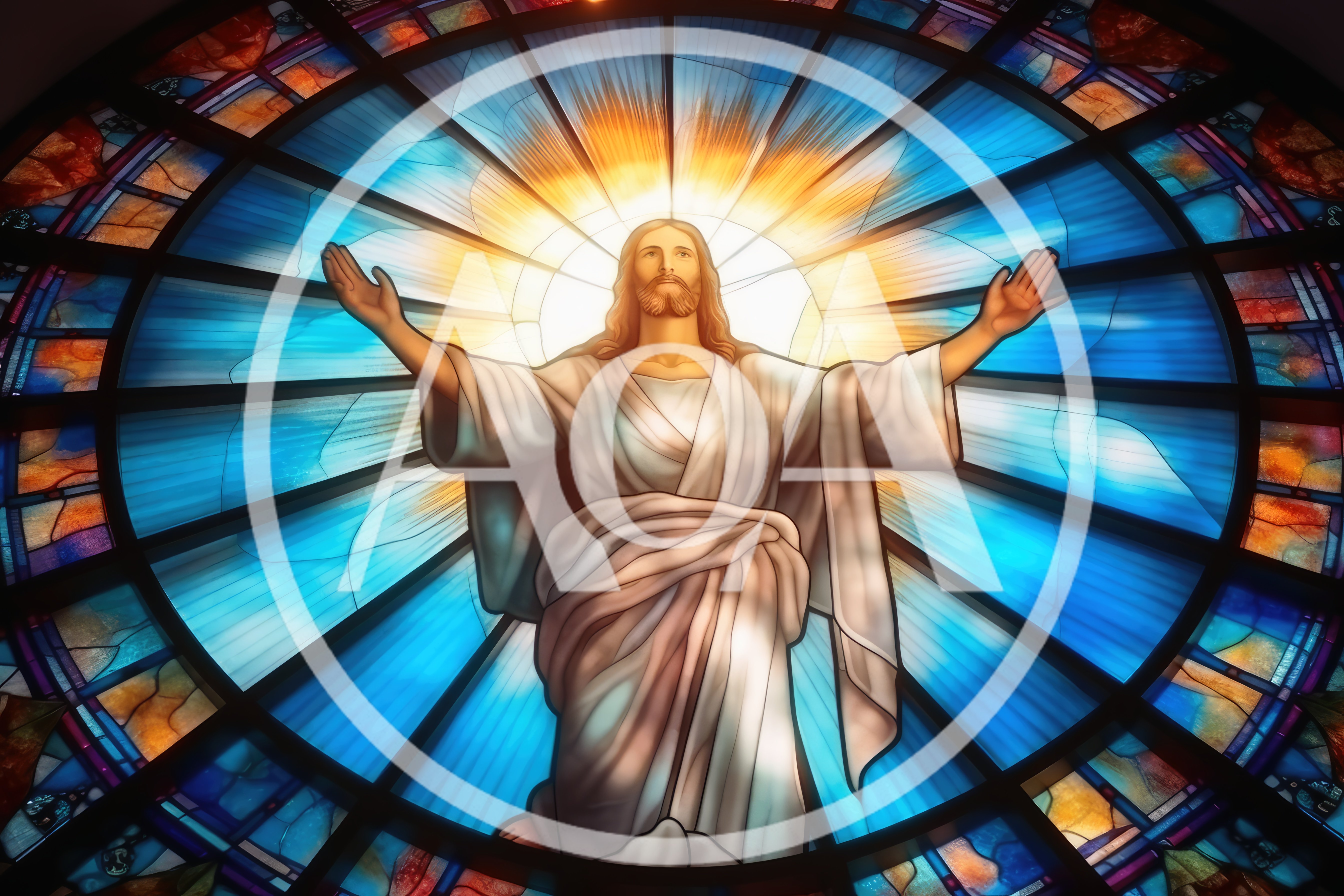 Stained Glass Window Depicting Jesus Christ With Open Arms