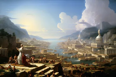 Ancient Greek Cityscape With Figures In Classical Architecture