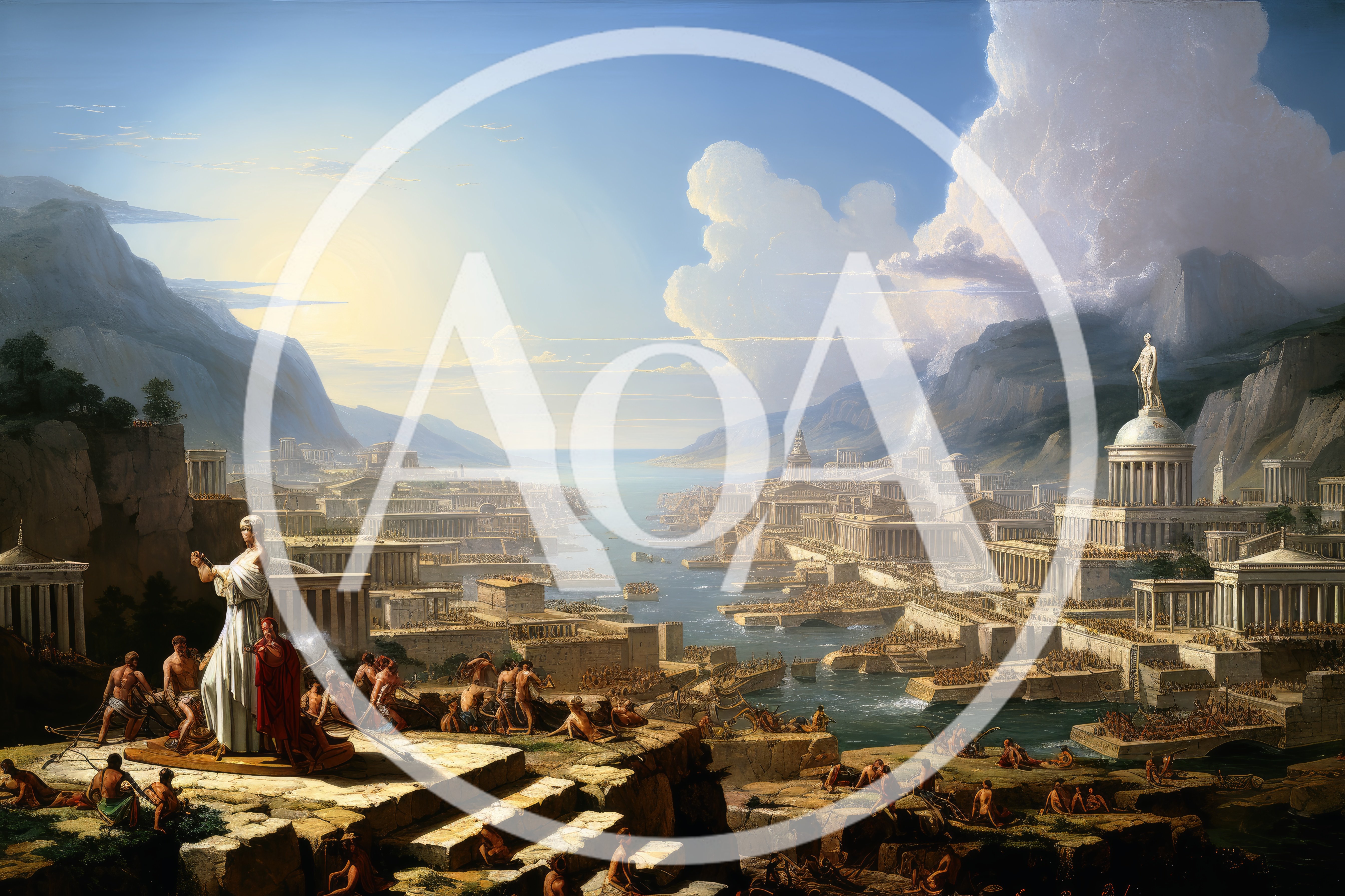 Ancient Greek Cityscape With Figures In Classical Architecture