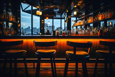 Empty Modern Bar Counter With City Skyline View